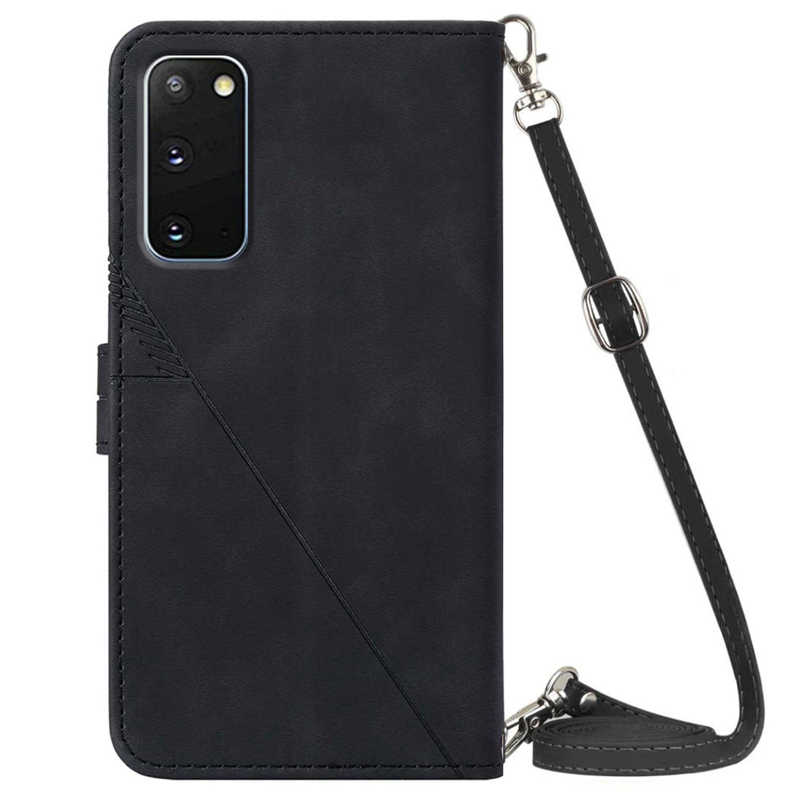 PB2-1 Series Wallet Function Smartphone Shell Bag Lines Imprinting Magnetic Clasp Shock-absorption PU Leather + TPU Stand Case with Shoulder Strap for Samsung Galaxy S20 4G/S20 5G - Black