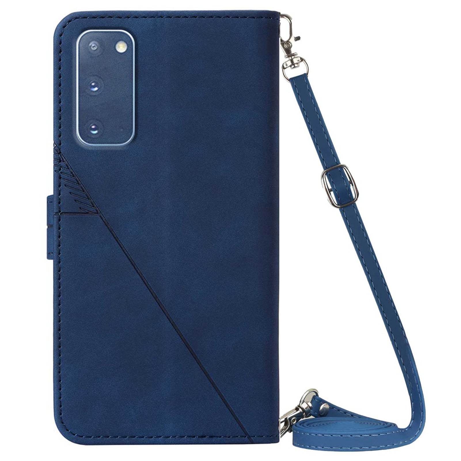 PB2-1 Series Wallet Function Smartphone Shell Bag Lines Imprinting Magnetic Clasp Shock-absorption PU Leather + TPU Stand Case with Shoulder Strap for Samsung Galaxy S20 4G/S20 5G - Sapphire