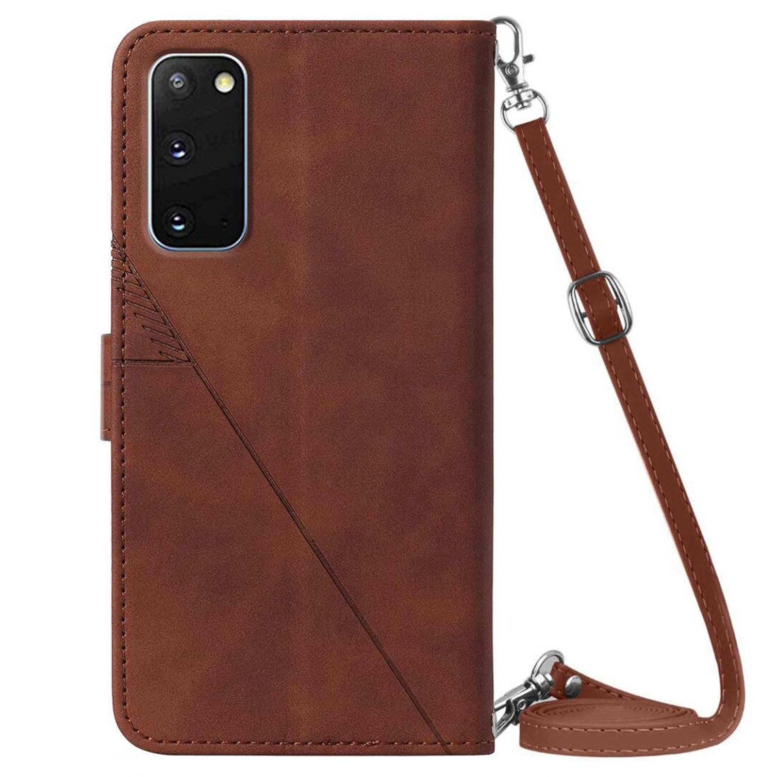 PB2-1 Series Wallet Function Smartphone Shell Bag Lines Imprinting Magnetic Clasp Shock-absorption PU Leather + TPU Stand Case with Shoulder Strap for Samsung Galaxy S20 4G/S20 5G - Brown