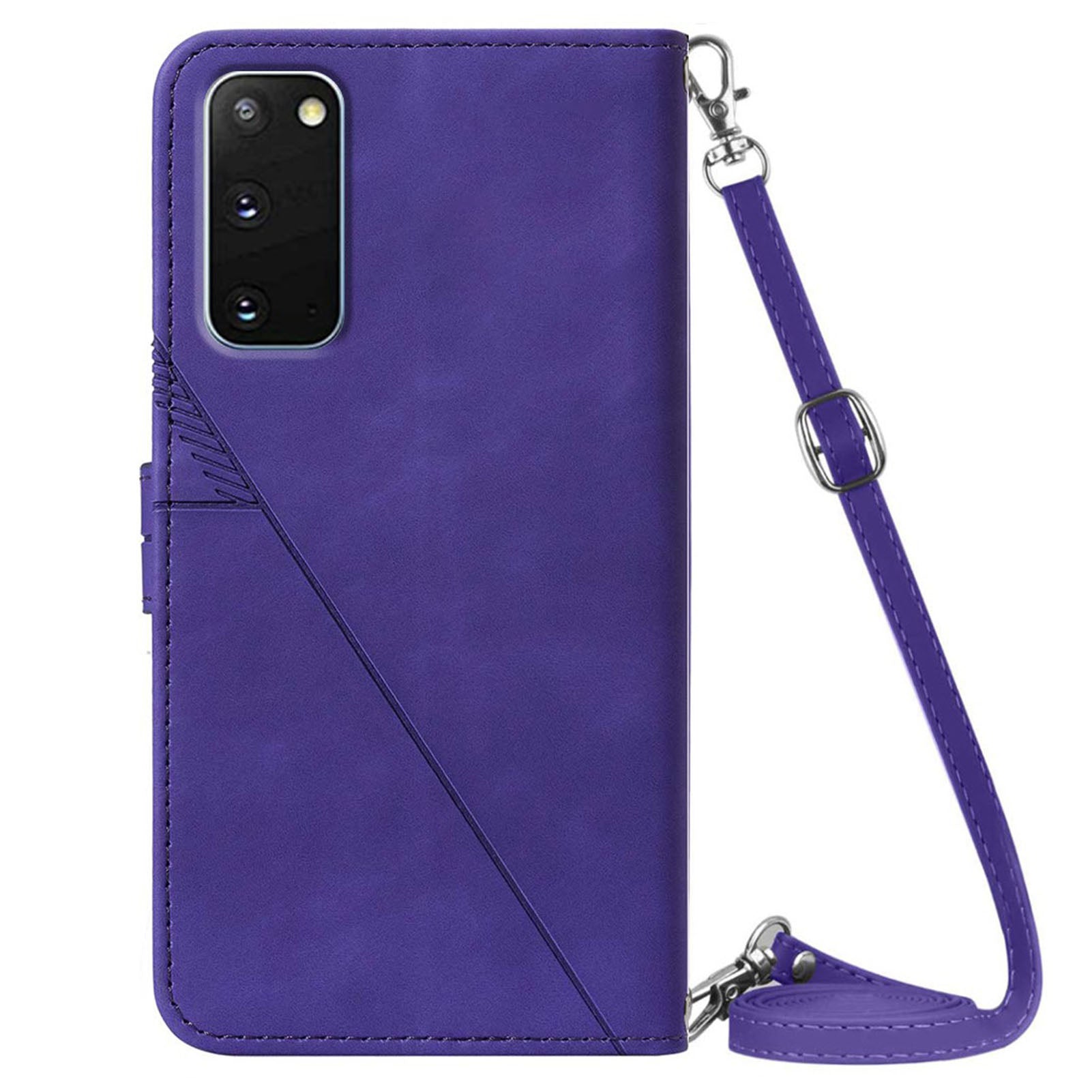 PB2-1 Series Wallet Function Smartphone Shell Bag Lines Imprinting Magnetic Clasp Shock-absorption PU Leather + TPU Stand Case with Shoulder Strap for Samsung Galaxy S20 4G/S20 5G - Purple