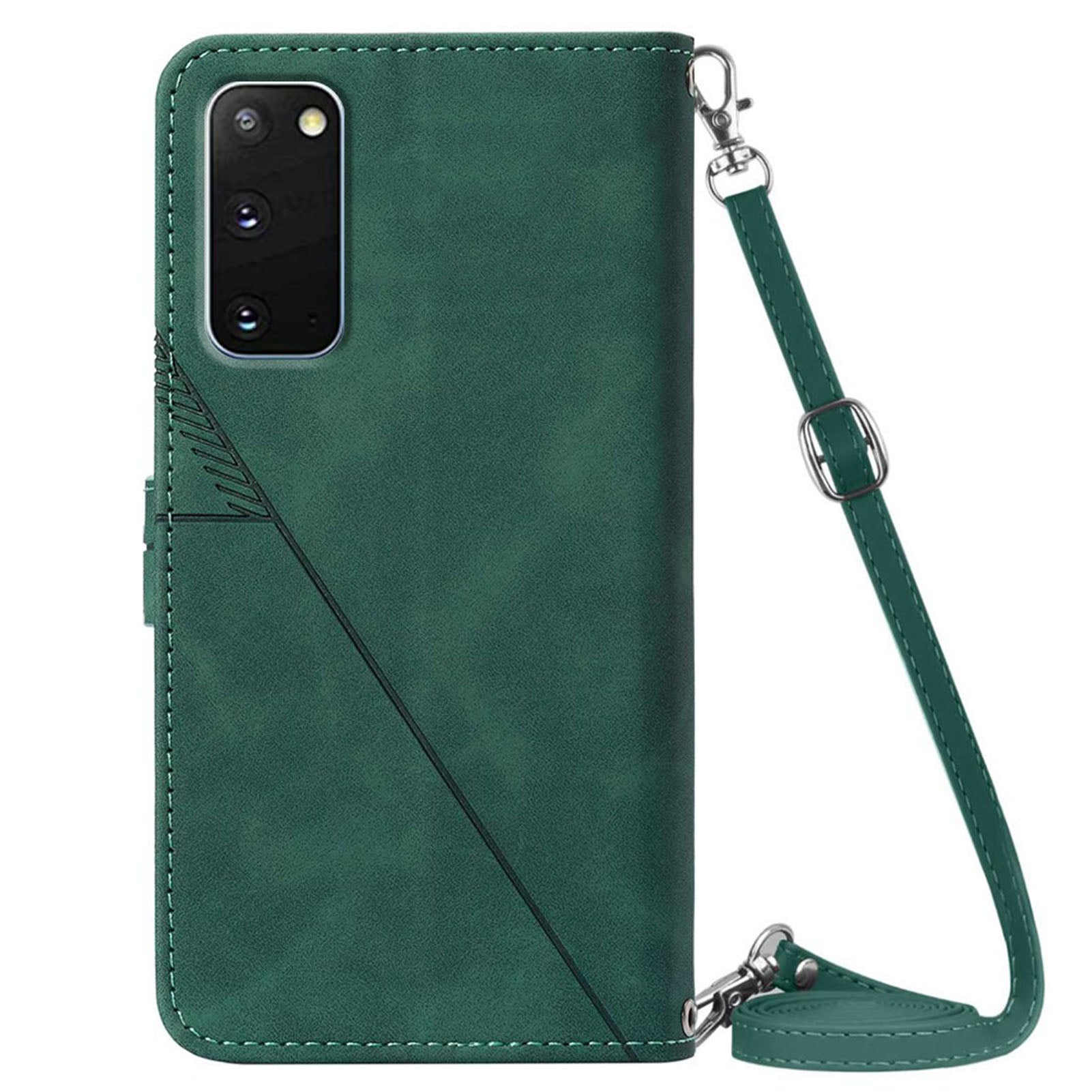 PB2-1 Series Wallet Function Smartphone Shell Bag Lines Imprinting Magnetic Clasp Shock-absorption PU Leather + TPU Stand Case with Shoulder Strap for Samsung Galaxy S20 4G/S20 5G - Blackish Green