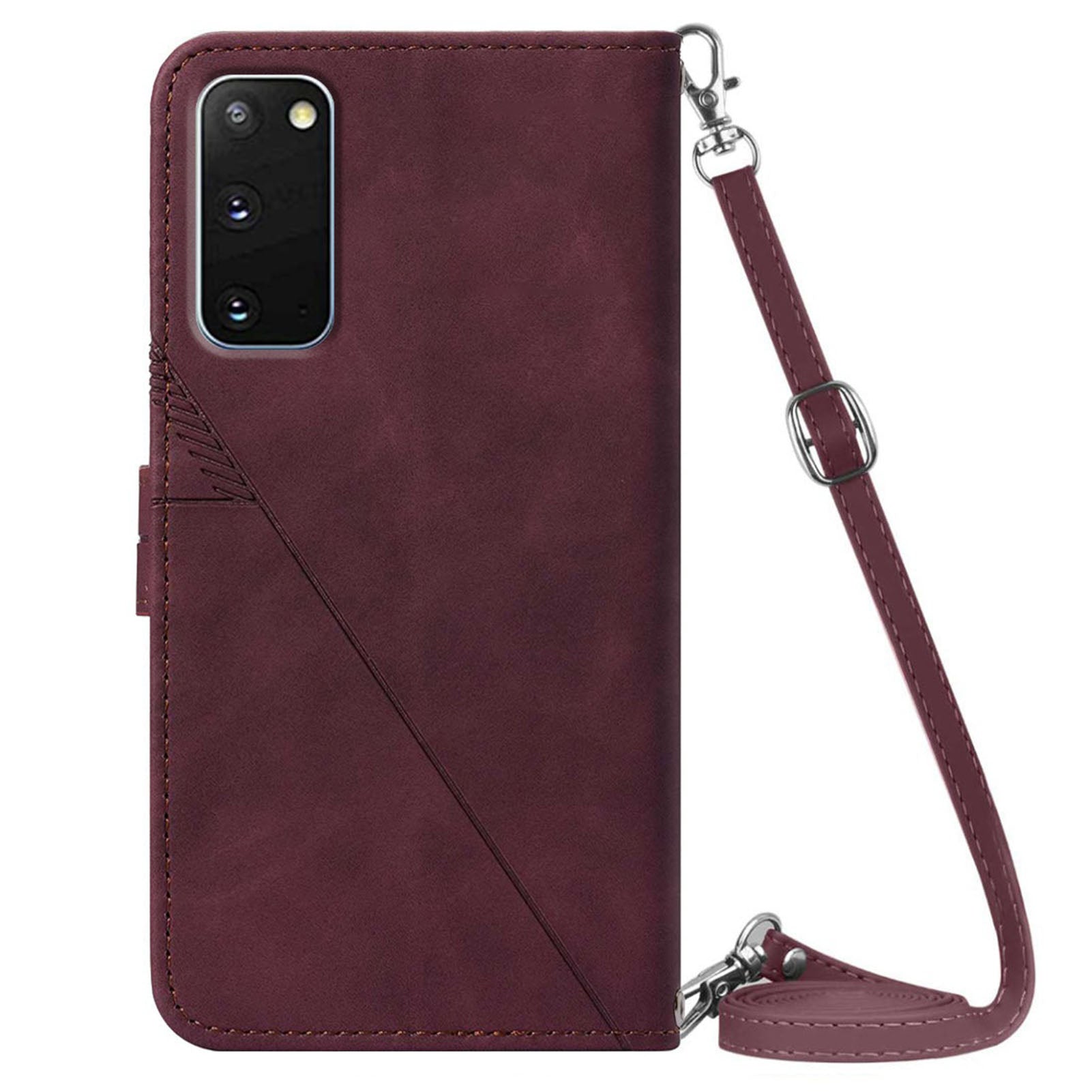 PB2-1 Series Wallet Function Smartphone Shell Bag Lines Imprinting Magnetic Clasp Shock-absorption PU Leather + TPU Stand Case with Shoulder Strap for Samsung Galaxy S20 4G/S20 5G - Wine Red