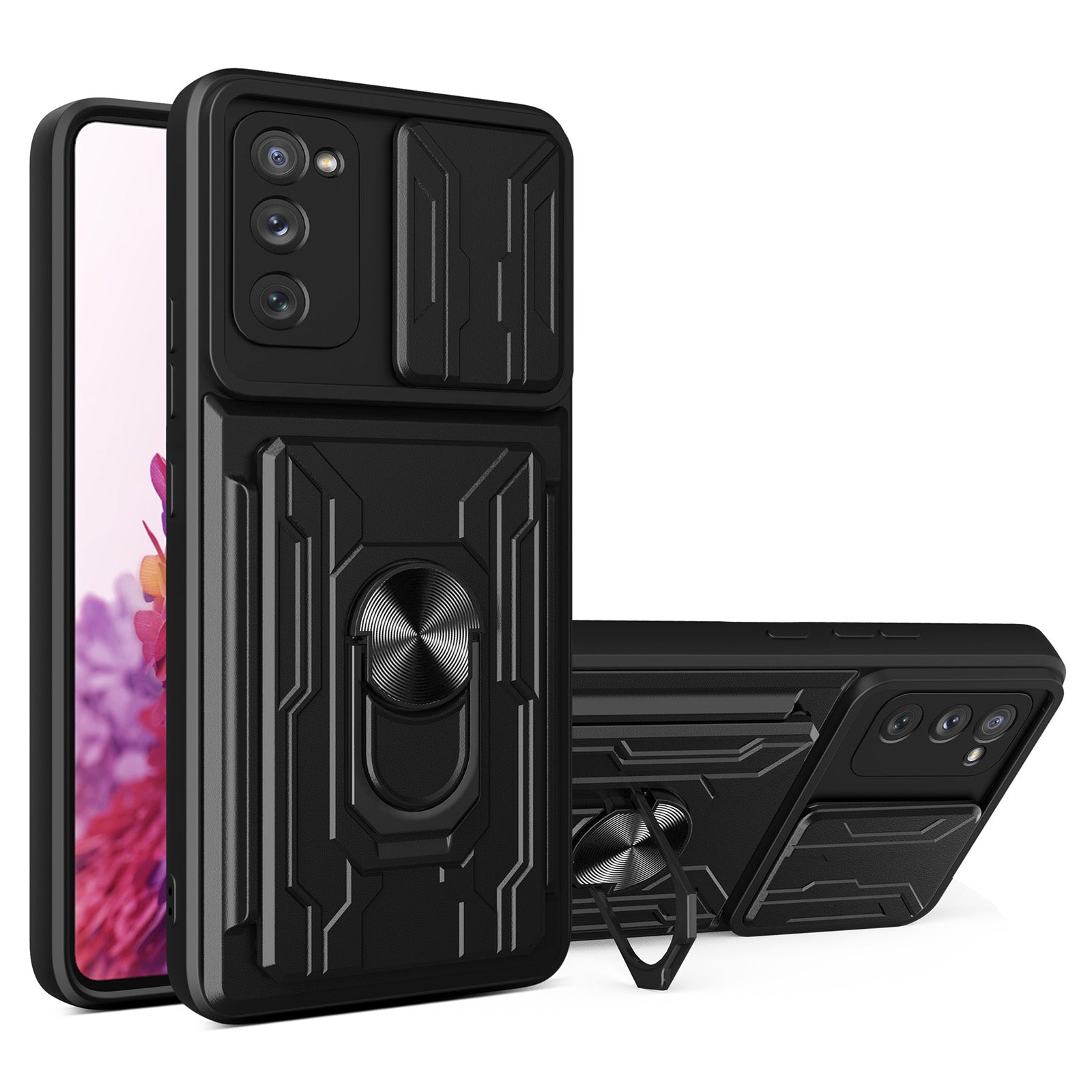 Card Holder Design Slide Camera Protection Shockproof PC + TPU Phone Case with Ring Kickstand for Samsung Galaxy S20 FE 2022/S20 FE/S20 FE 5G/S20 Lite - Black