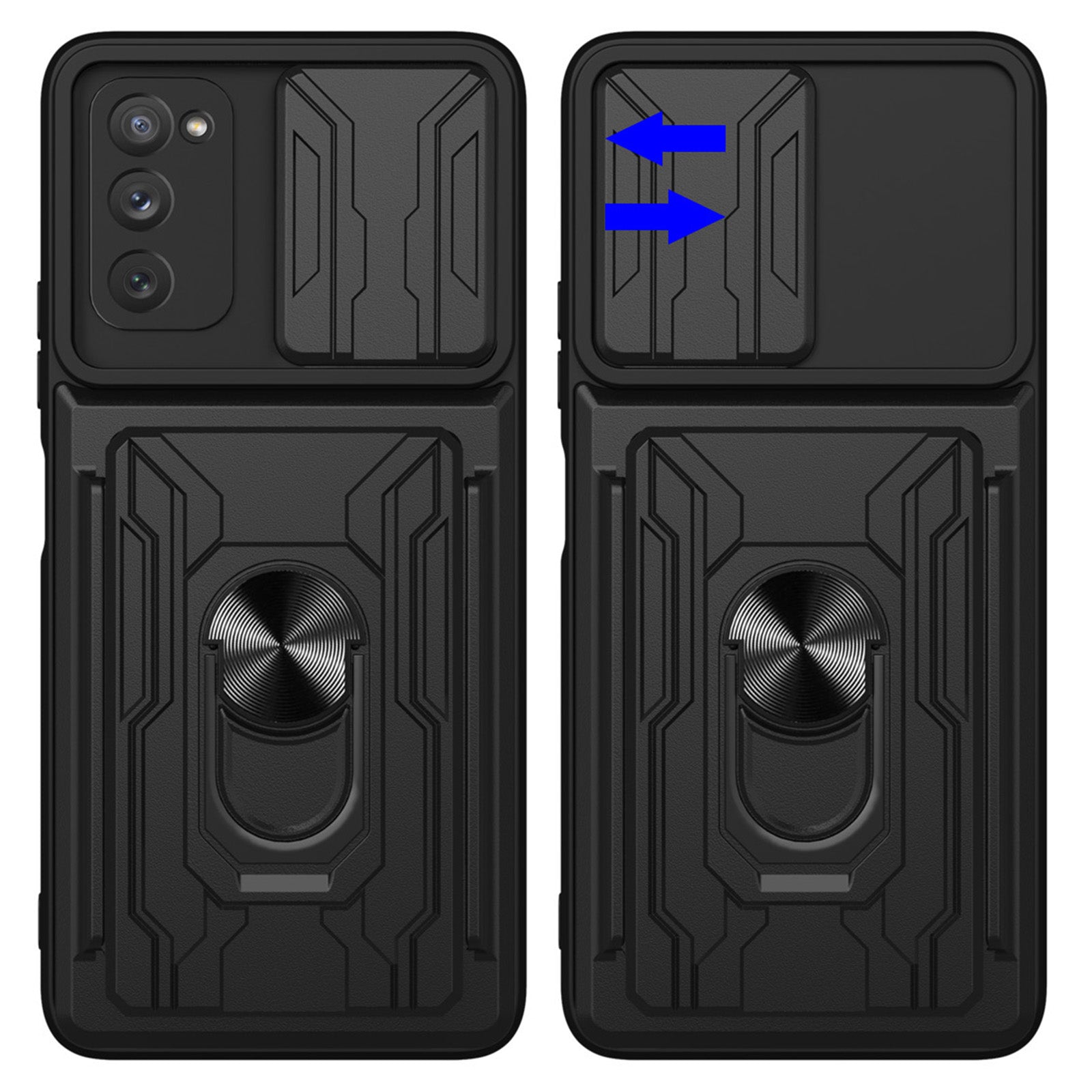 Card Holder Design Slide Camera Protection Shockproof PC + TPU Phone Case with Ring Kickstand for Samsung Galaxy S20 FE 2022/S20 FE/S20 FE 5G/S20 Lite - Black