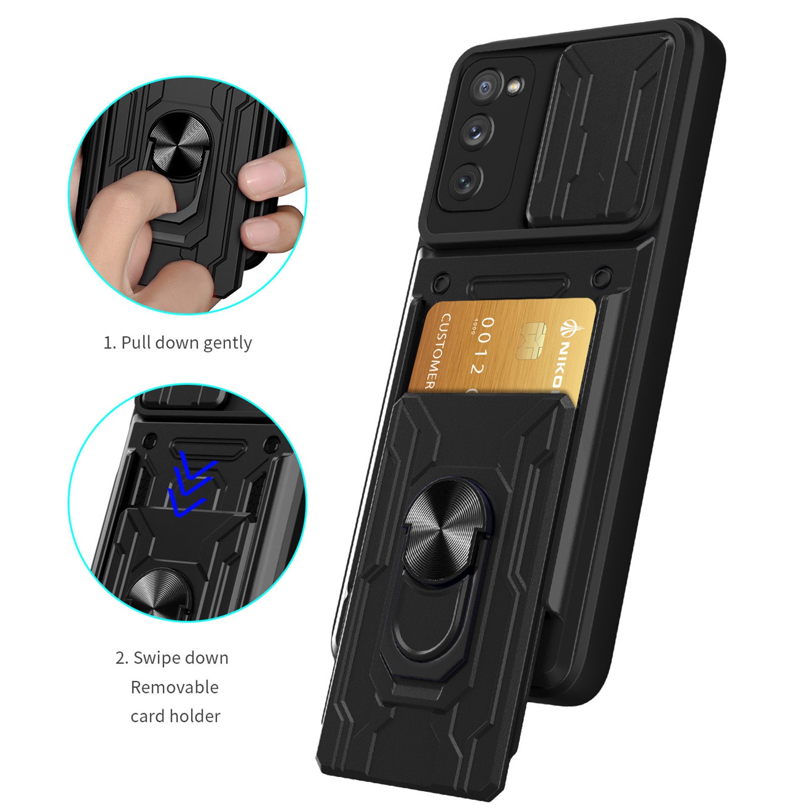 Card Holder Design Slide Camera Protection Shockproof PC + TPU Phone Case with Ring Kickstand for Samsung Galaxy S20 FE 2022/S20 FE/S20 FE 5G/S20 Lite - Black