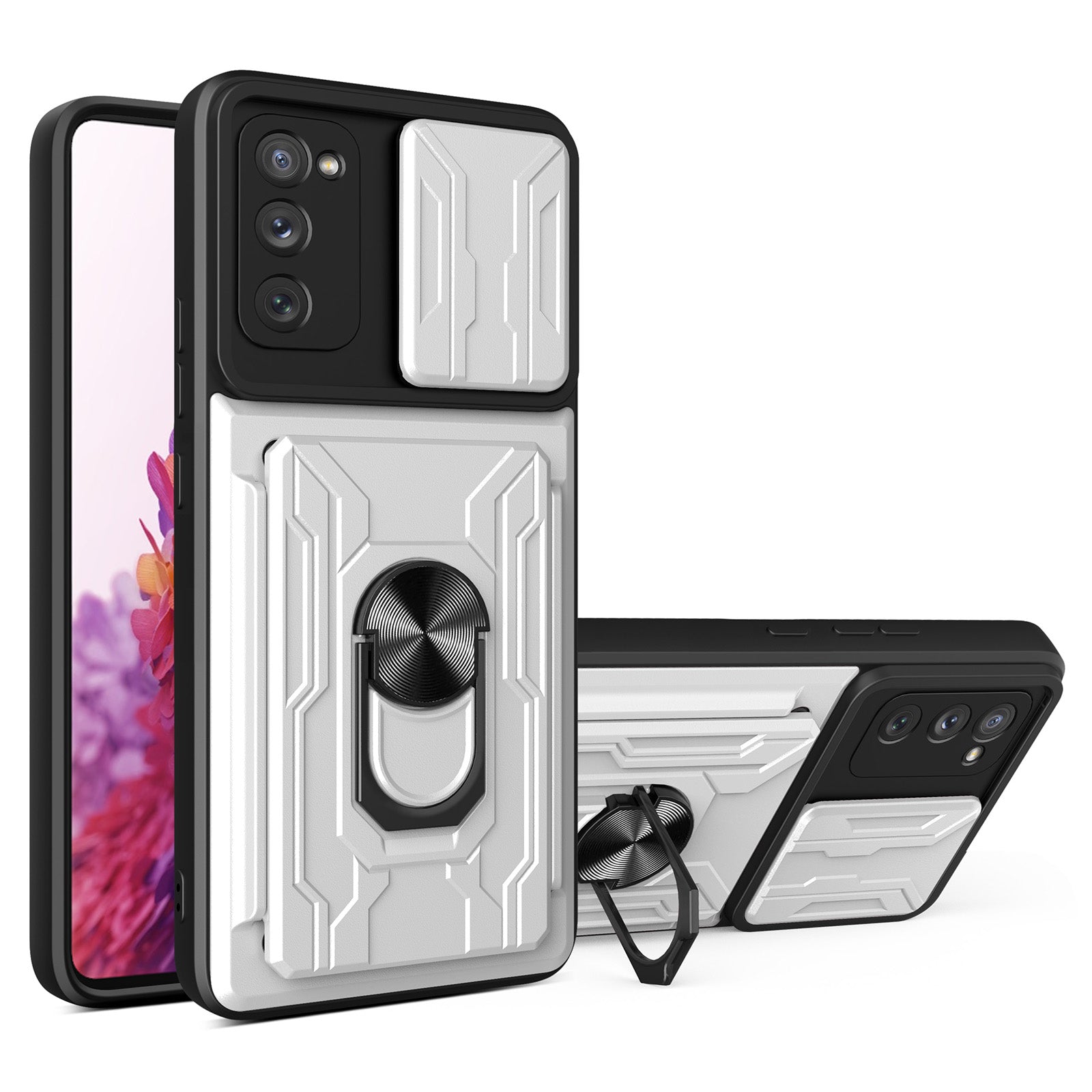 Card Holder Design Slide Camera Protection Shockproof PC + TPU Phone Case with Ring Kickstand for Samsung Galaxy S20 FE 2022/S20 FE/S20 FE 5G/S20 Lite - White