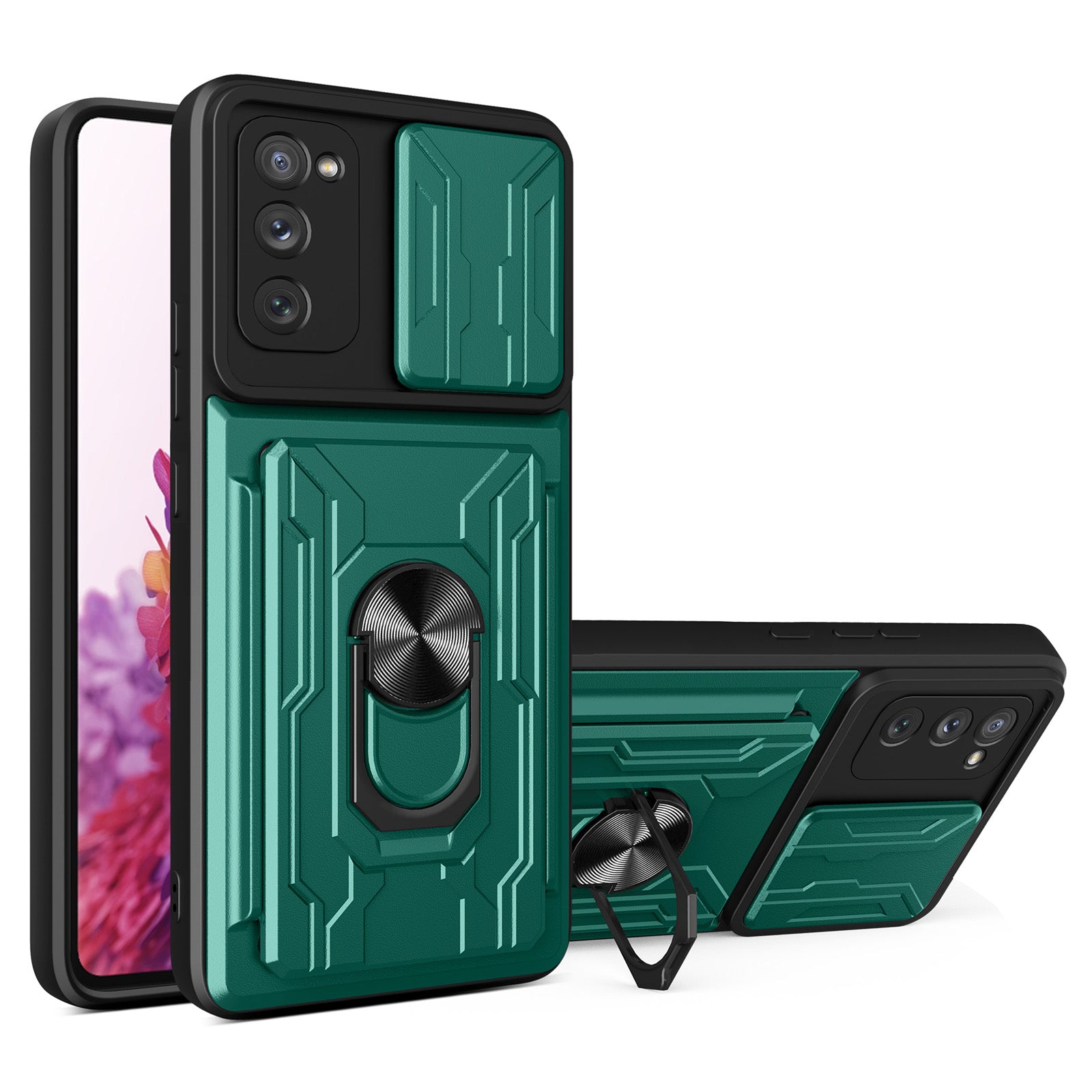 Card Holder Design Slide Camera Protection Shockproof PC + TPU Phone Case with Ring Kickstand for Samsung Galaxy S20 FE 2022/S20 FE/S20 FE 5G/S20 Lite - Blackish Green