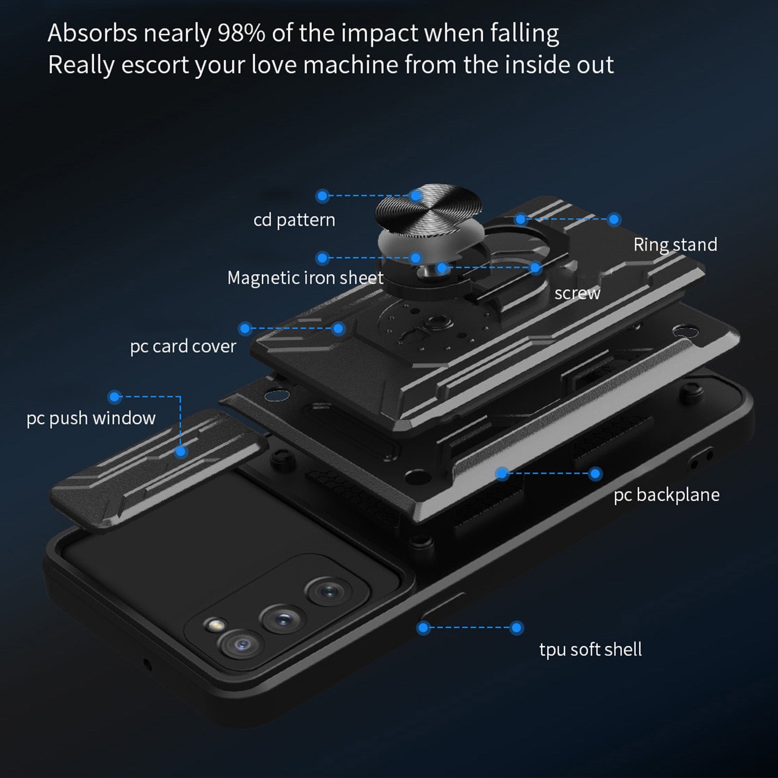 Card Holder Design Slide Camera Protection Shockproof PC + TPU Phone Case with Ring Kickstand for Samsung Galaxy S20 FE 2022/S20 FE/S20 FE 5G/S20 Lite - Sapphire