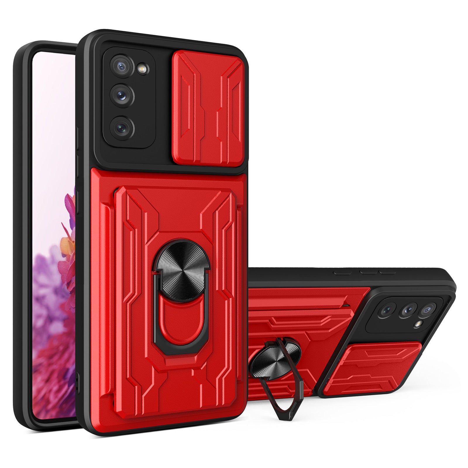 Card Holder Design Slide Camera Protection Shockproof PC + TPU Phone Case with Ring Kickstand for Samsung Galaxy S20 FE 2022/S20 FE/S20 FE 5G/S20 Lite - Red