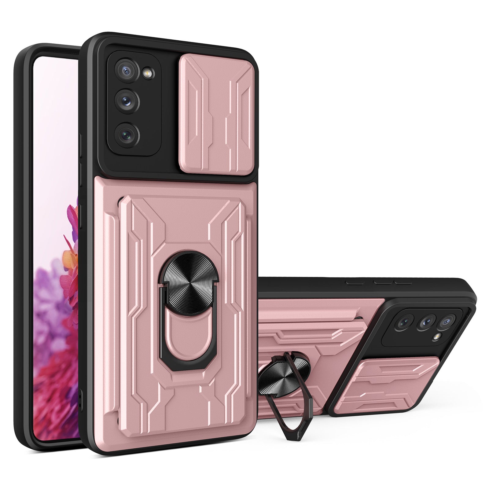 Card Holder Design Slide Camera Protection Shockproof PC + TPU Phone Case with Ring Kickstand for Samsung Galaxy S20 FE 2022/S20 FE/S20 FE 5G/S20 Lite - Rose Gold