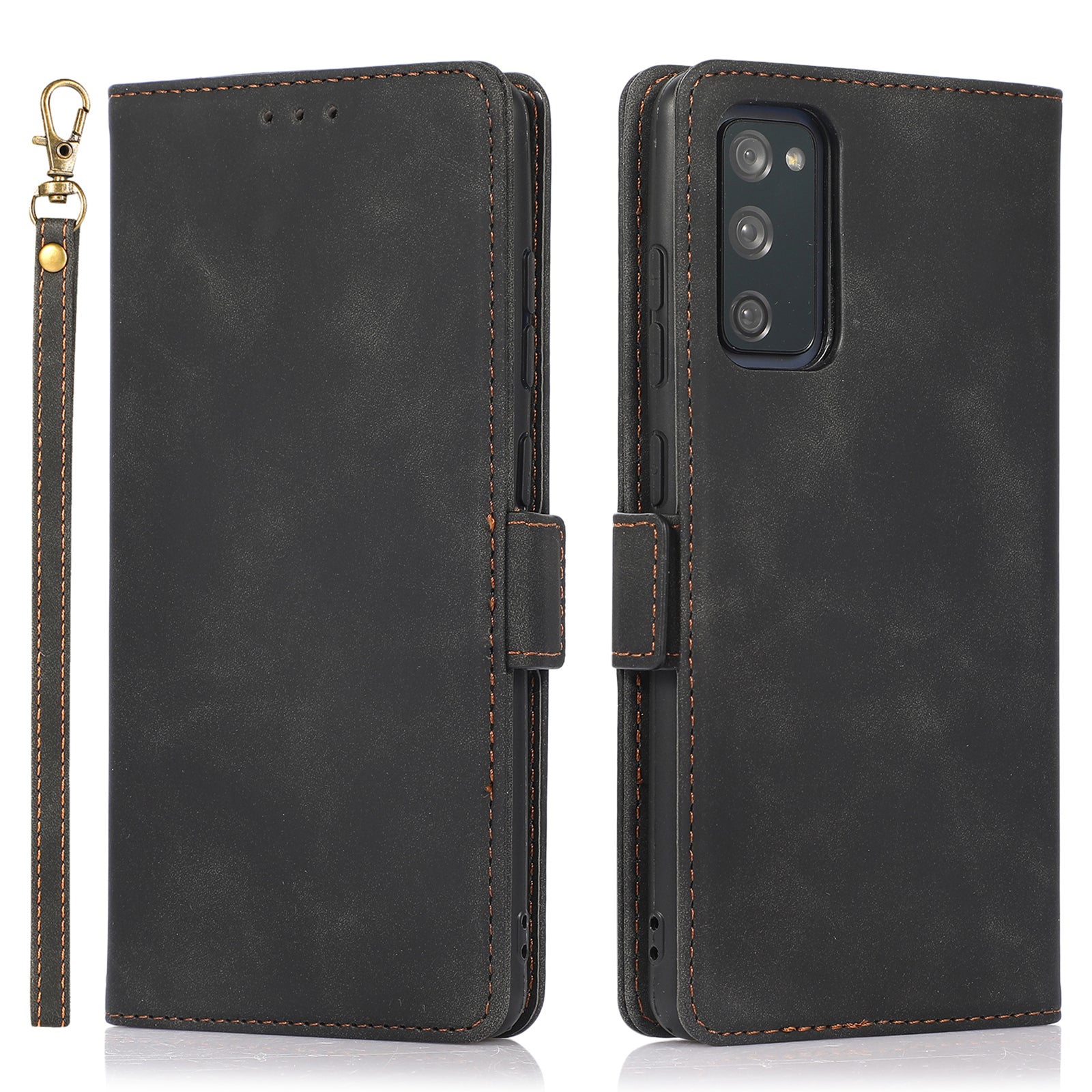 Anti-scratch PU Leather Cover Stand Wallet Protective Phone Case with Strap for Samsung Galaxy S20 FE 2022/S20 FE/S20 FE 5G/S20 Lite - Black