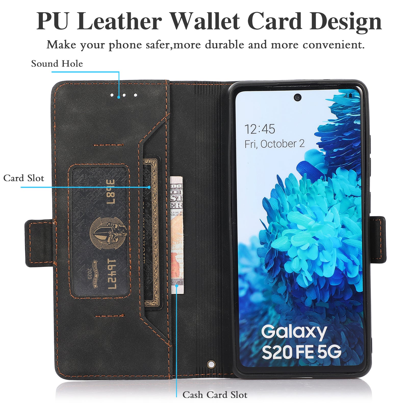 Anti-scratch PU Leather Cover Stand Wallet Protective Phone Case with Strap for Samsung Galaxy S20 FE 2022/S20 FE/S20 FE 5G/S20 Lite - Black