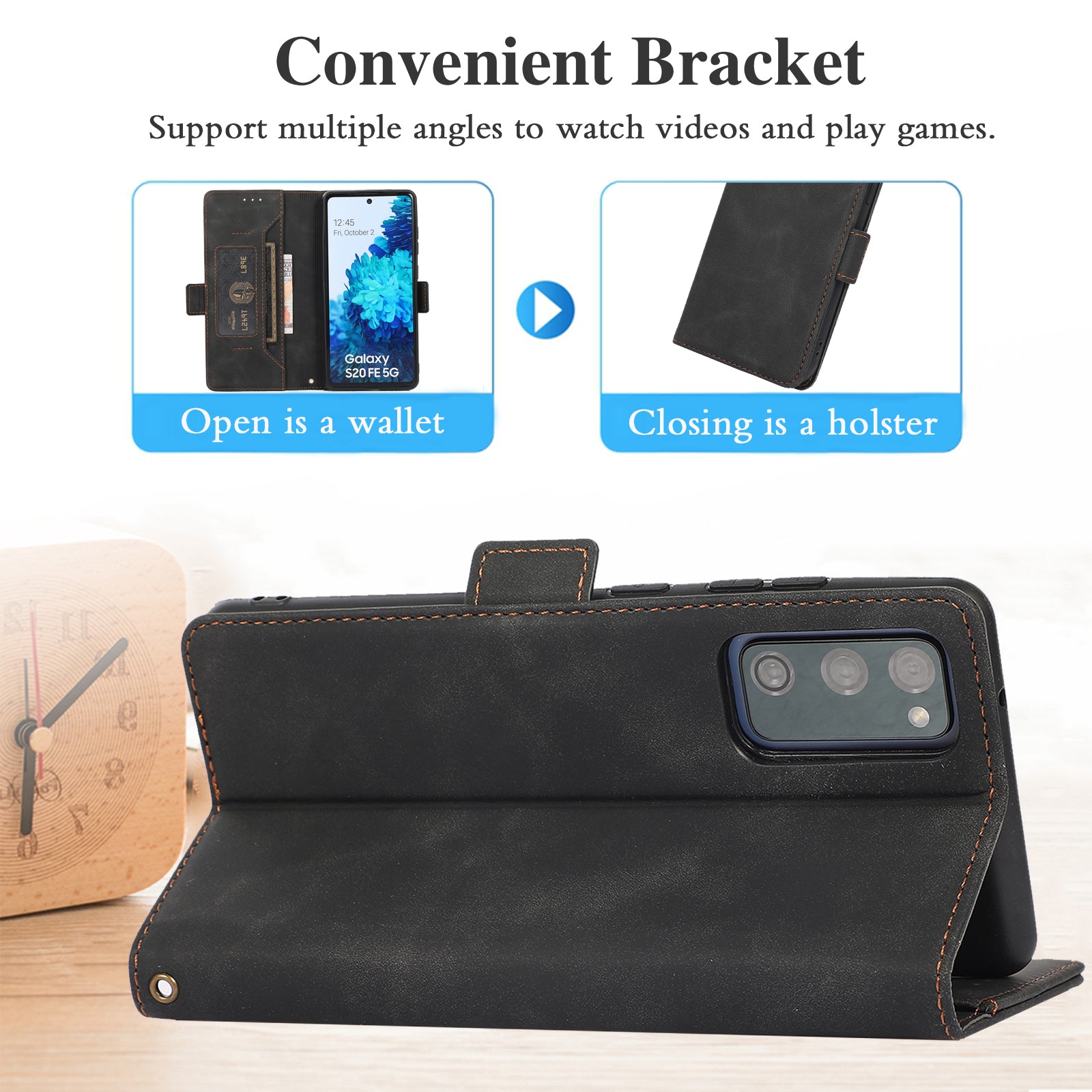 Anti-scratch PU Leather Cover Stand Wallet Protective Phone Case with Strap for Samsung Galaxy S20 FE 2022/S20 FE/S20 FE 5G/S20 Lite - Black