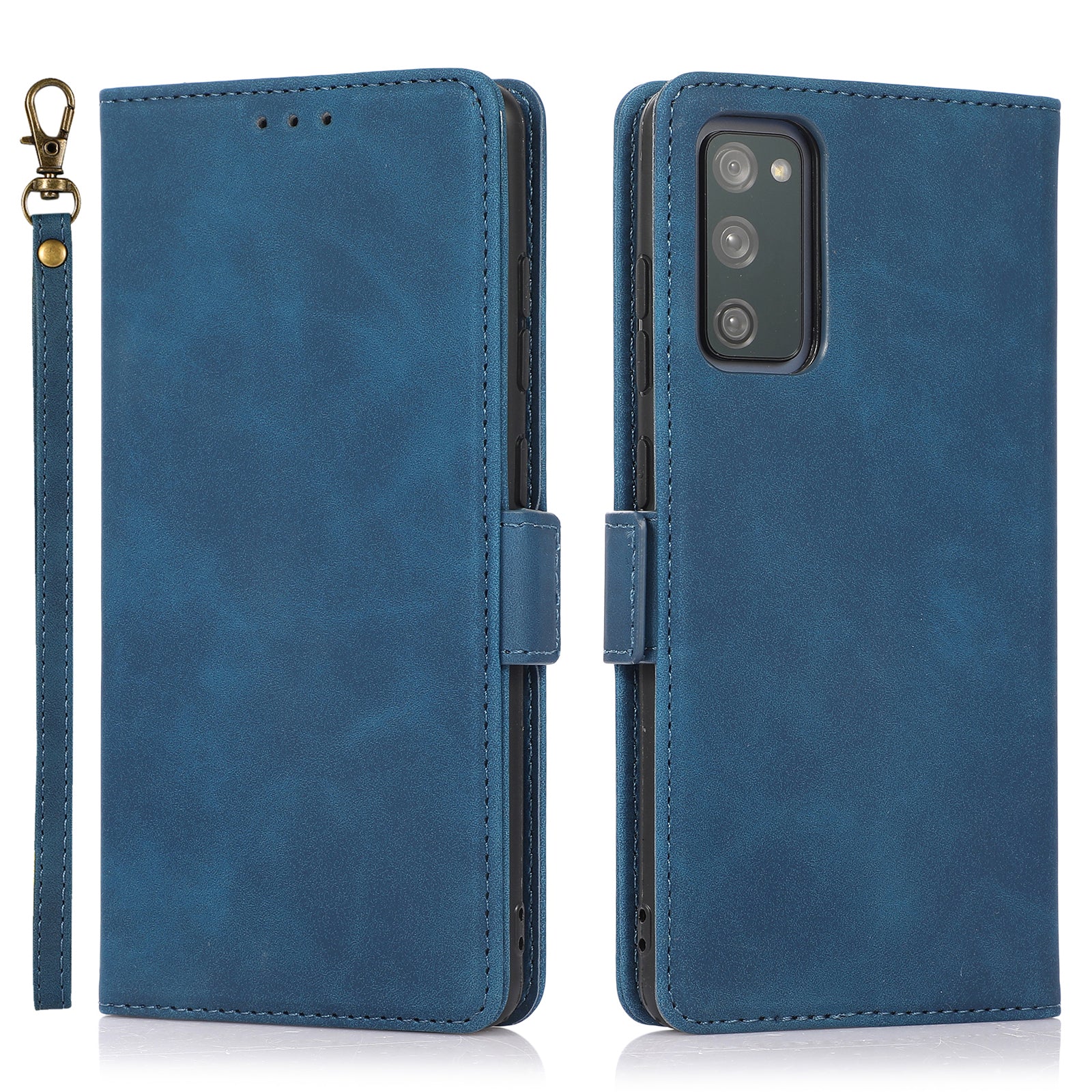 Anti-scratch PU Leather Cover Stand Wallet Protective Phone Case with Strap for Samsung Galaxy S20 FE 2022/S20 FE/S20 FE 5G/S20 Lite - Blue