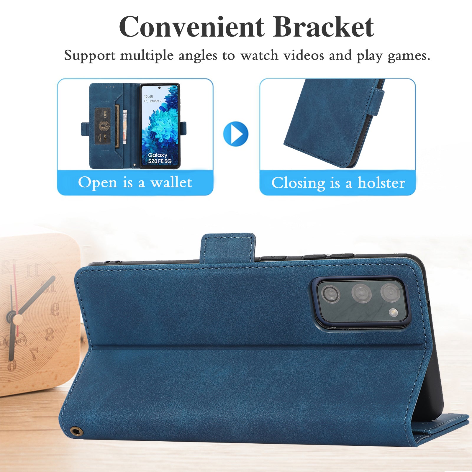 Anti-scratch PU Leather Cover Stand Wallet Protective Phone Case with Strap for Samsung Galaxy S20 FE 2022/S20 FE/S20 FE 5G/S20 Lite - Blue