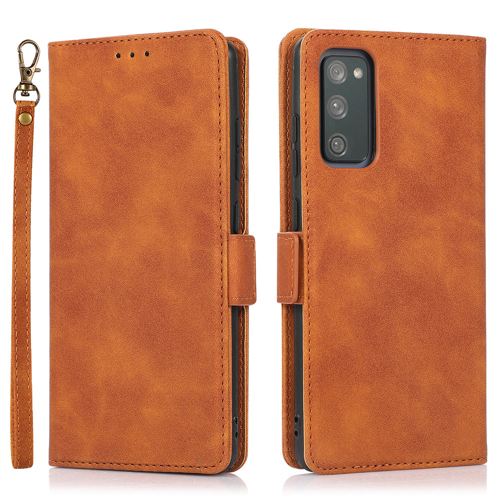 Anti-scratch PU Leather Cover Stand Wallet Protective Phone Case with Strap for Samsung Galaxy S20 FE 2022/S20 FE/S20 FE 5G/S20 Lite - Brown