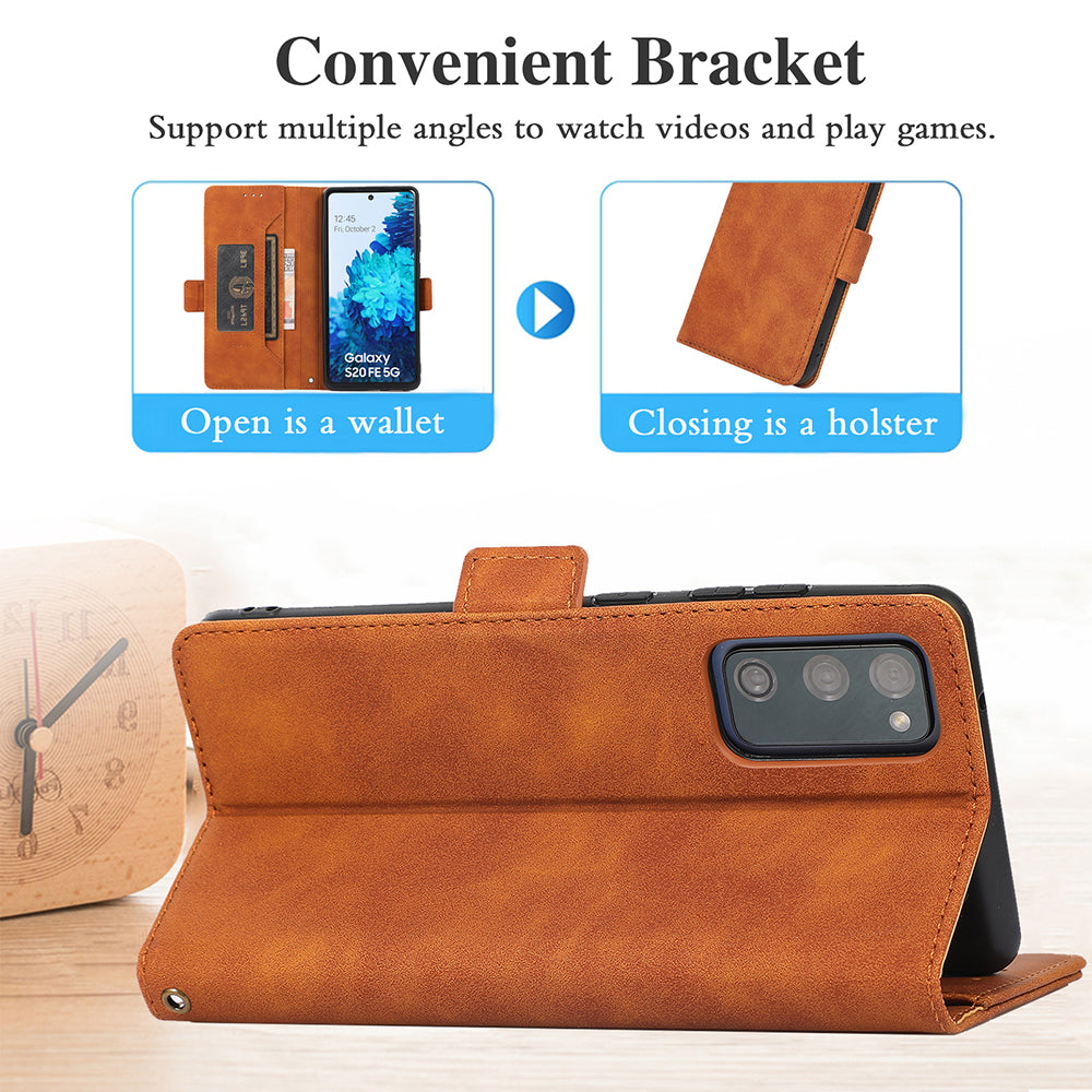 Anti-scratch PU Leather Cover Stand Wallet Protective Phone Case with Strap for Samsung Galaxy S20 FE 2022/S20 FE/S20 FE 5G/S20 Lite - Brown