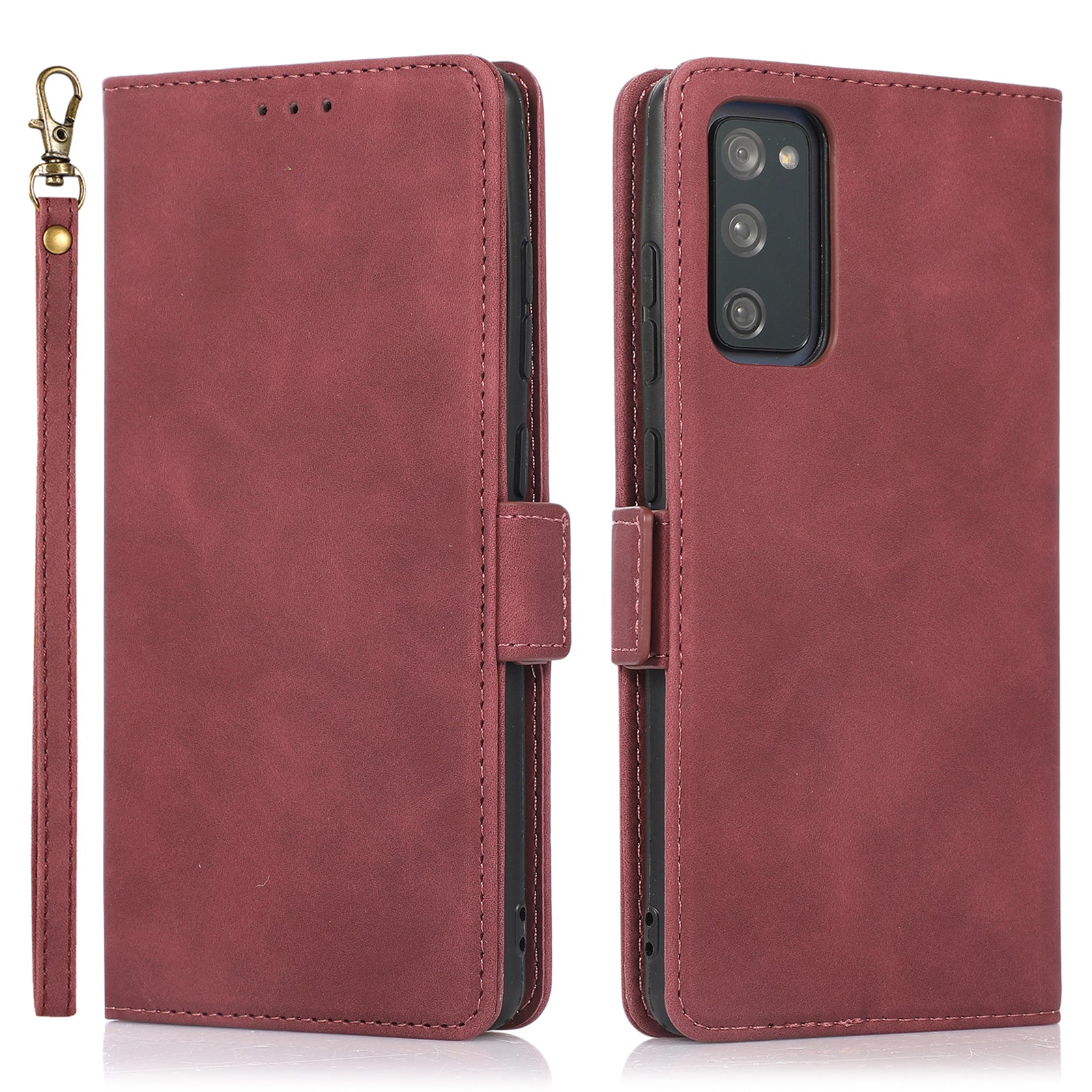 Anti-scratch PU Leather Cover Stand Wallet Protective Phone Case with Strap for Samsung Galaxy S20 FE 2022/S20 FE/S20 FE 5G/S20 Lite - Red