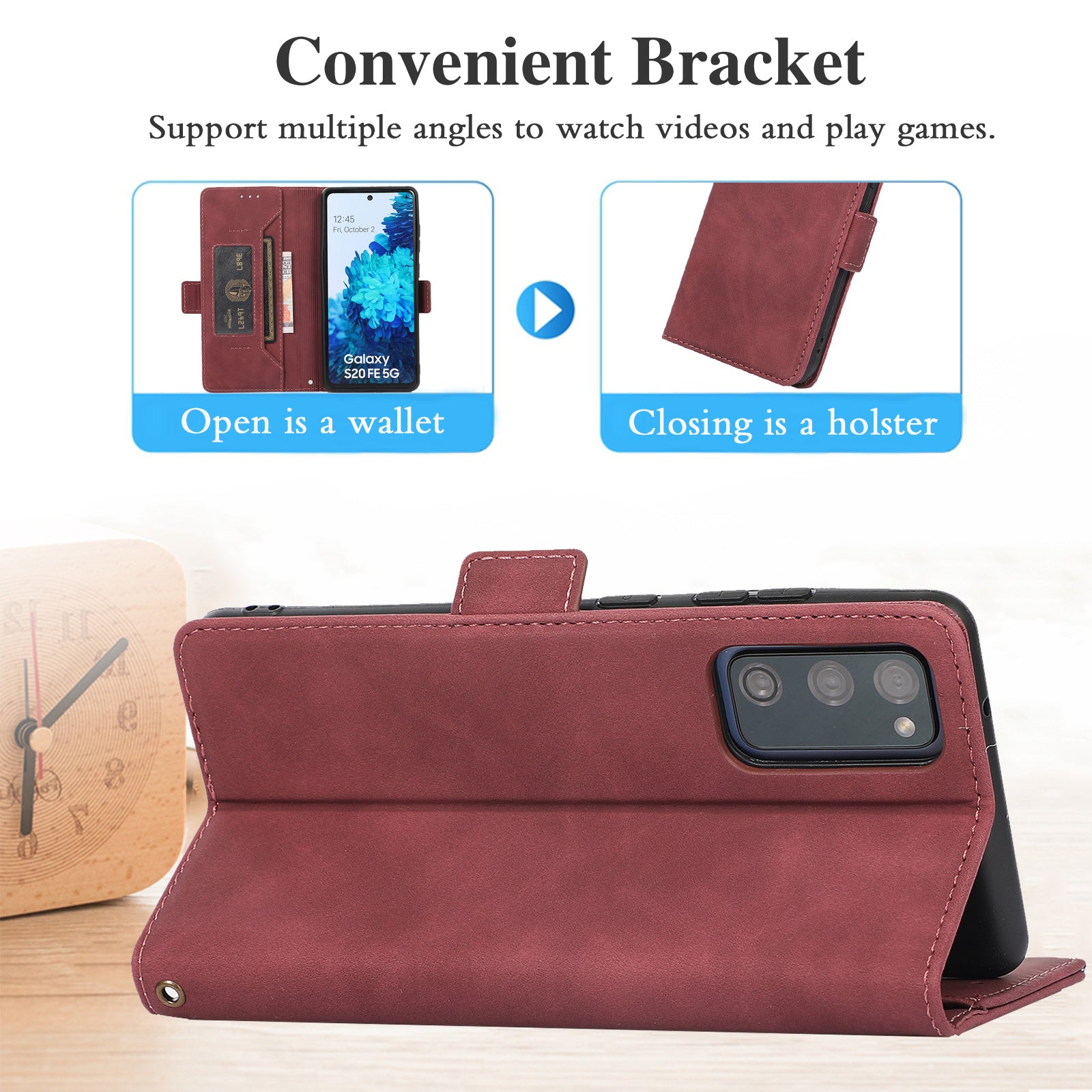 Anti-scratch PU Leather Cover Stand Wallet Protective Phone Case with Strap for Samsung Galaxy S20 FE 2022/S20 FE/S20 FE 5G/S20 Lite - Red