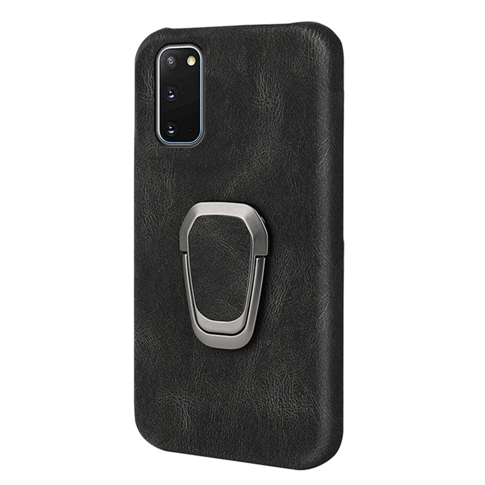 Ring Kickstand PU Leather Coated Hard PC Shockproof Protection Back Cover Shell for Samsung Galaxy S20 4G/S20 5G - Black