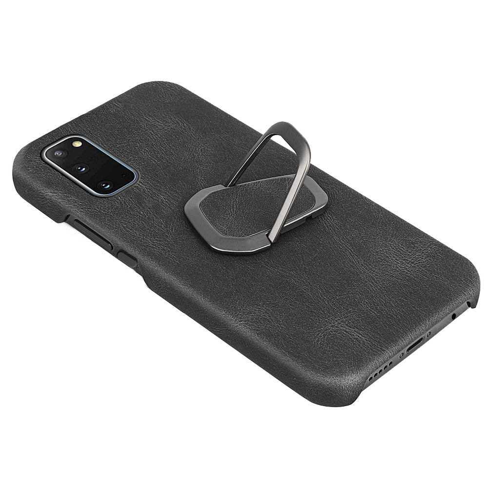 Ring Kickstand PU Leather Coated Hard PC Shockproof Protection Back Cover Shell for Samsung Galaxy S20 4G/S20 5G - Black