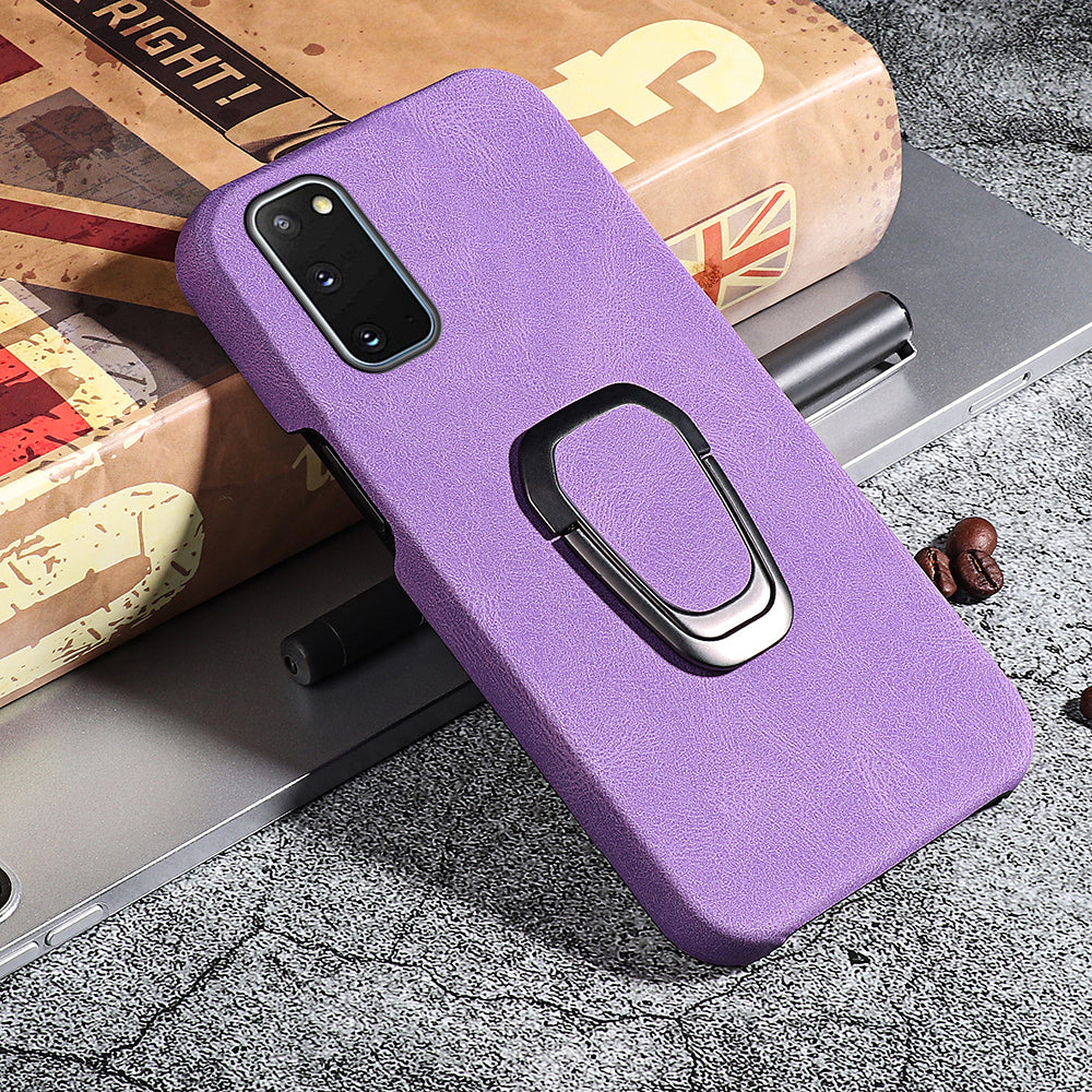 Ring Kickstand PU Leather Coated Hard PC Shockproof Protection Back Cover Shell for Samsung Galaxy S20 4G/S20 5G - Purple