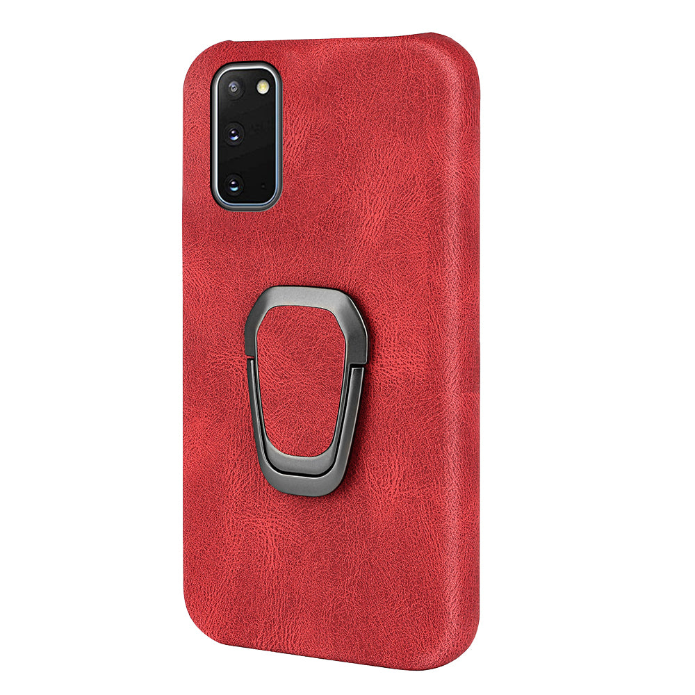 Ring Kickstand PU Leather Coated Hard PC Shockproof Protection Back Cover Shell for Samsung Galaxy S20 4G/S20 5G - Red