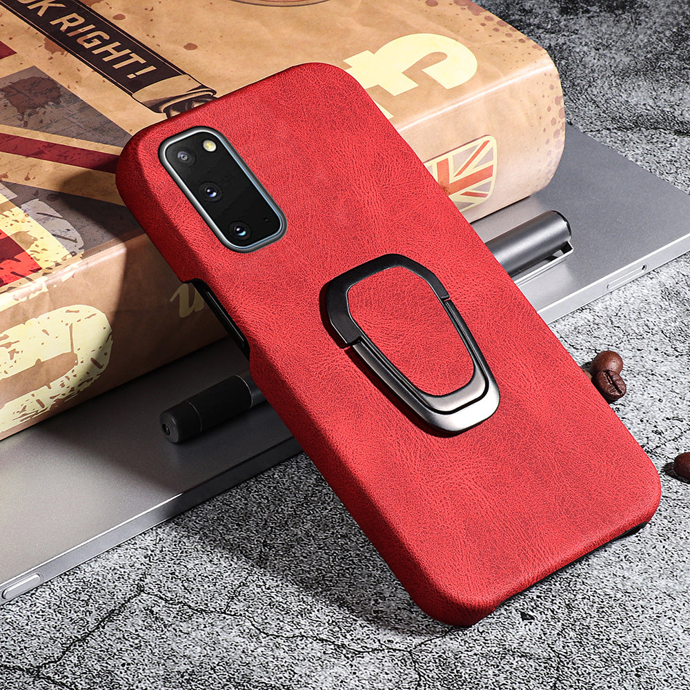 Ring Kickstand PU Leather Coated Hard PC Shockproof Protection Back Cover Shell for Samsung Galaxy S20 4G/S20 5G - Red