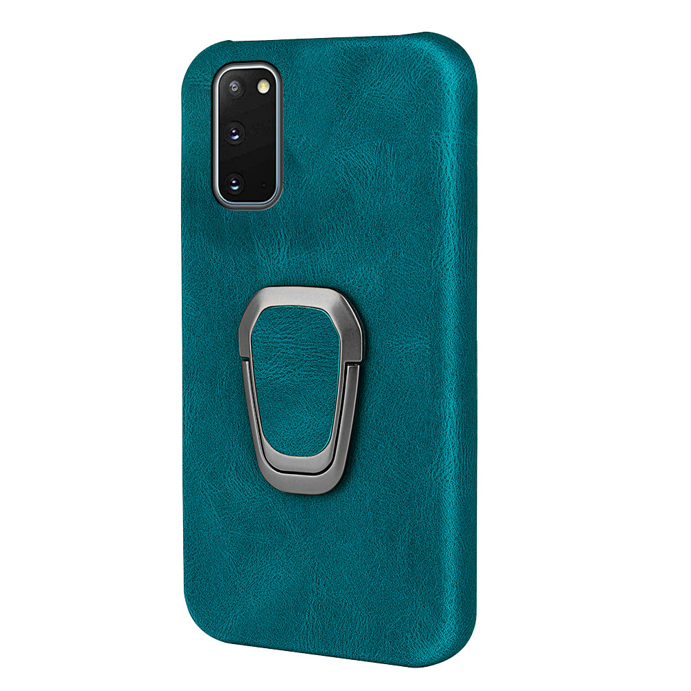 Ring Kickstand PU Leather Coated Hard PC Shockproof Protection Back Cover Shell for Samsung Galaxy S20 4G/S20 5G - Cyan