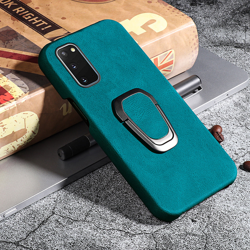 Ring Kickstand PU Leather Coated Hard PC Shockproof Protection Back Cover Shell for Samsung Galaxy S20 4G/S20 5G - Cyan