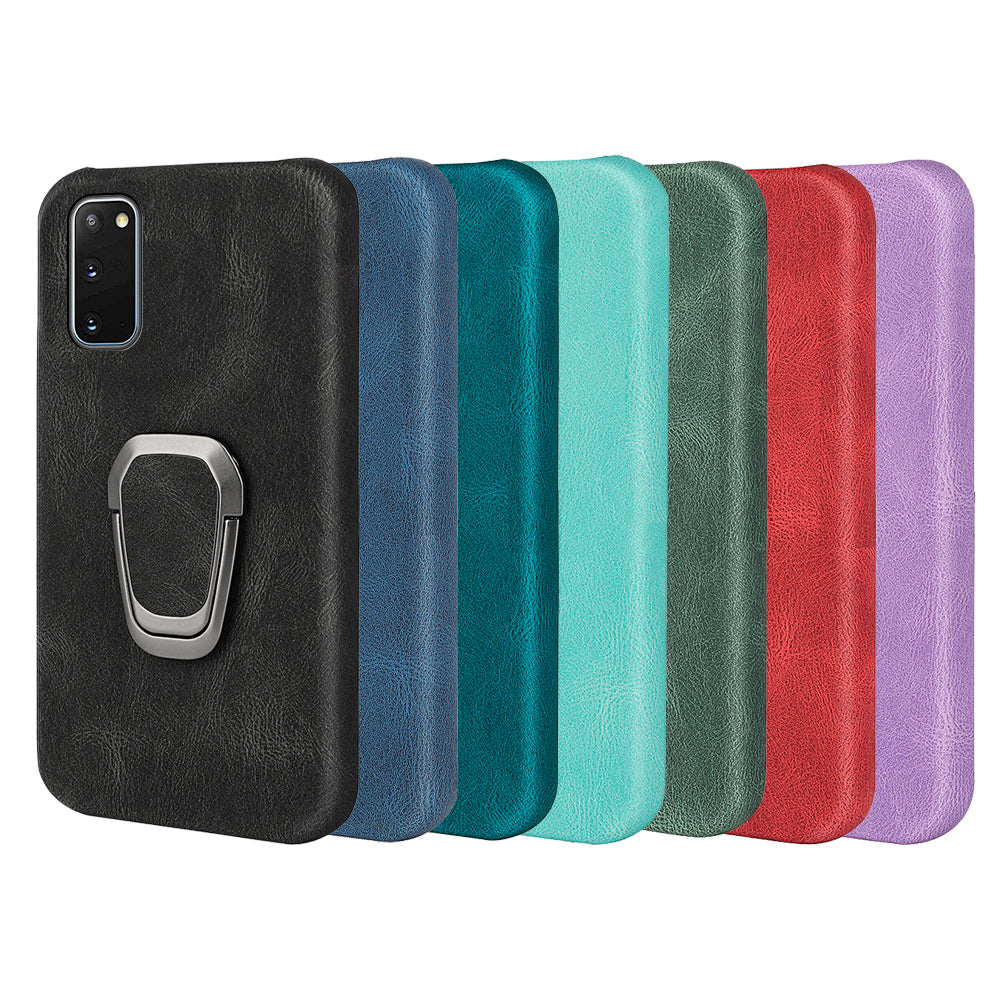 Ring Kickstand PU Leather Coated Hard PC Shockproof Protection Back Cover Shell for Samsung Galaxy S20 4G/S20 5G - Cyan