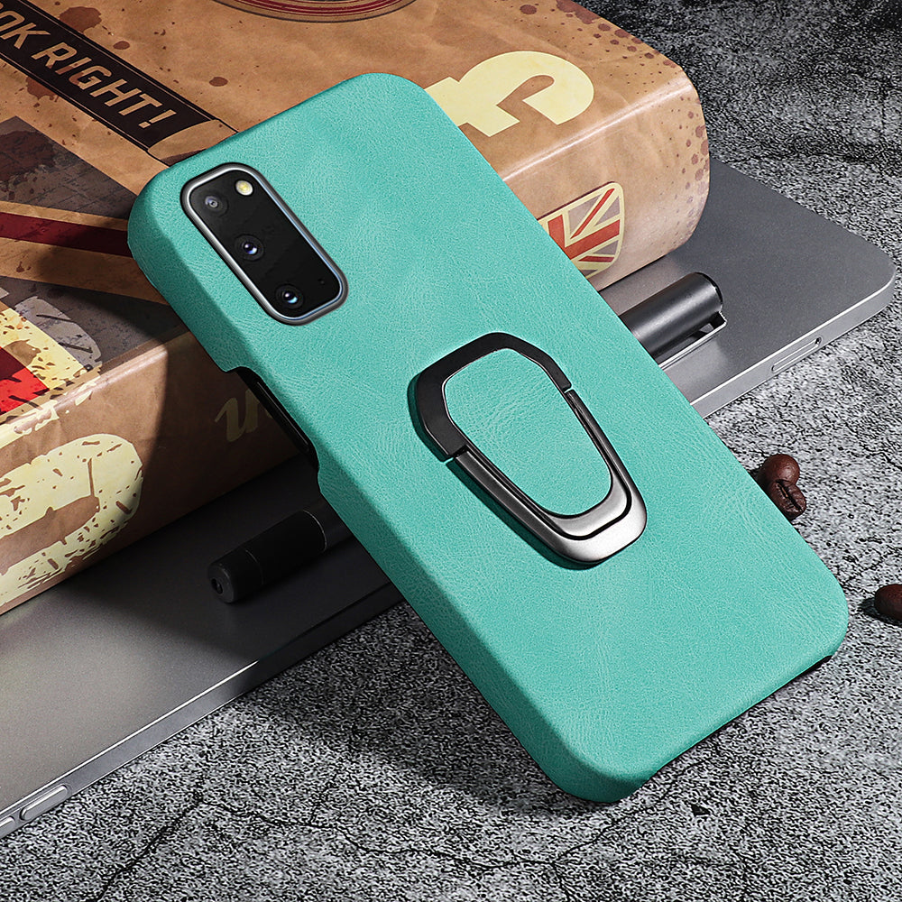 Ring Kickstand PU Leather Coated Hard PC Shockproof Protection Back Cover Shell for Samsung Galaxy S20 4G/S20 5G - Matcha Green