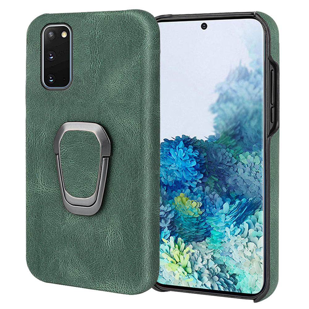 Ring Kickstand PU Leather Coated Hard PC Shockproof Protection Back Cover Shell for Samsung Galaxy S20 4G/S20 5G - Green