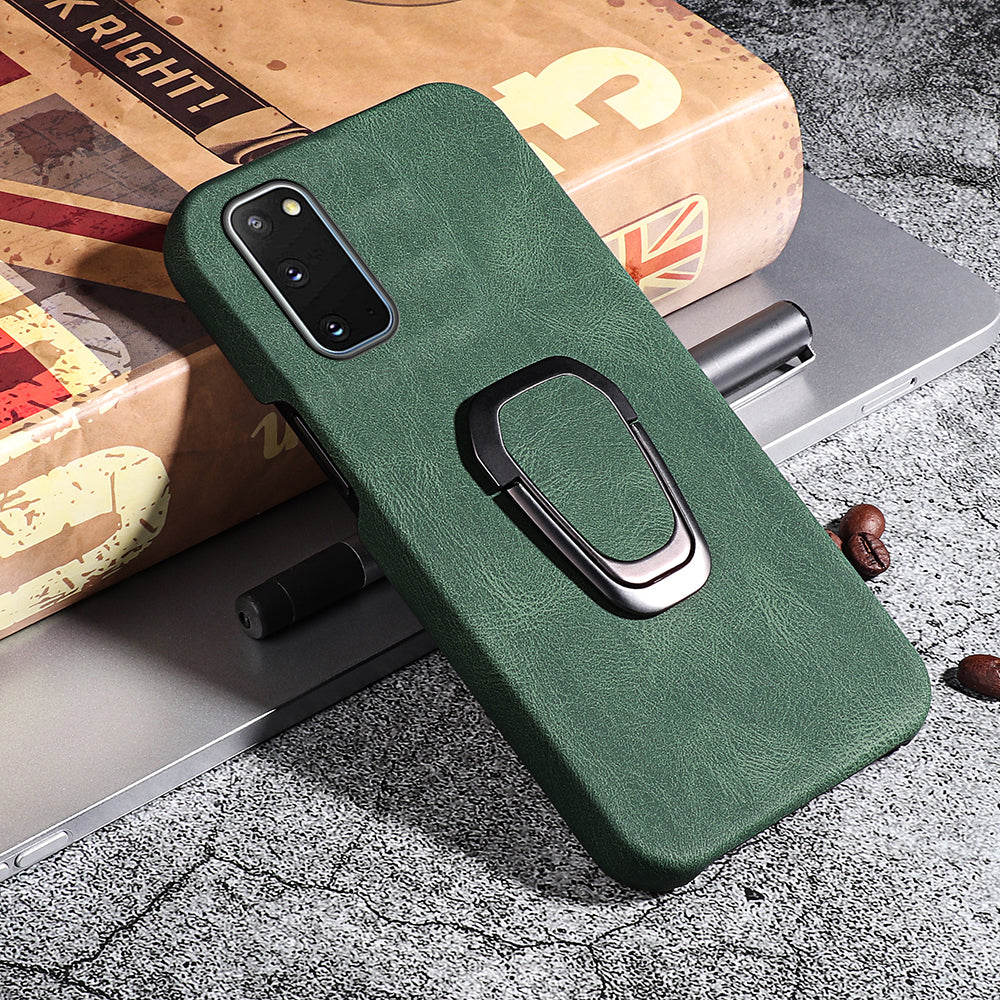 Ring Kickstand PU Leather Coated Hard PC Shockproof Protection Back Cover Shell for Samsung Galaxy S20 4G/S20 5G - Green