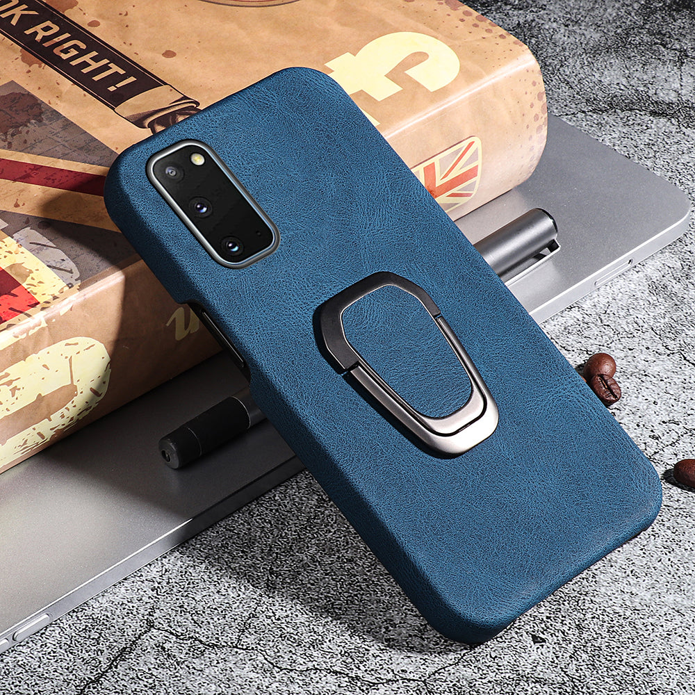 Ring Kickstand PU Leather Coated Hard PC Shockproof Protection Back Cover Shell for Samsung Galaxy S20 4G/S20 5G - Blue