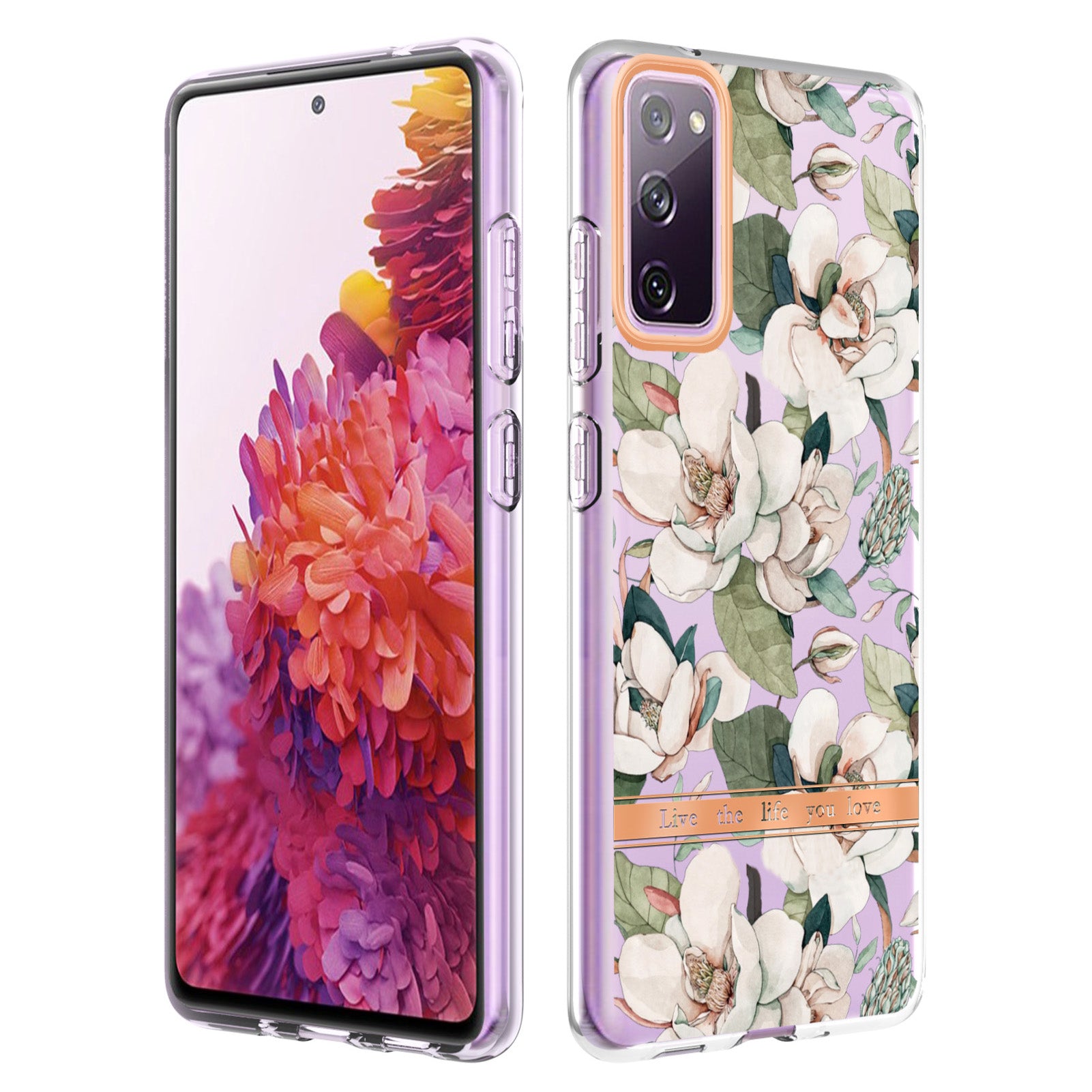 LB5 Series Flower Patterns TPU Phone Case Electroplating IMD IML Ultra Slim Phone Cover for Samsung Galaxy S20 FE 2022/S20 FE/S20 FE 5G/S20 Fan Edition/S20 Fan Edition 5G/S20 Lite - HC001 Green Gardenia