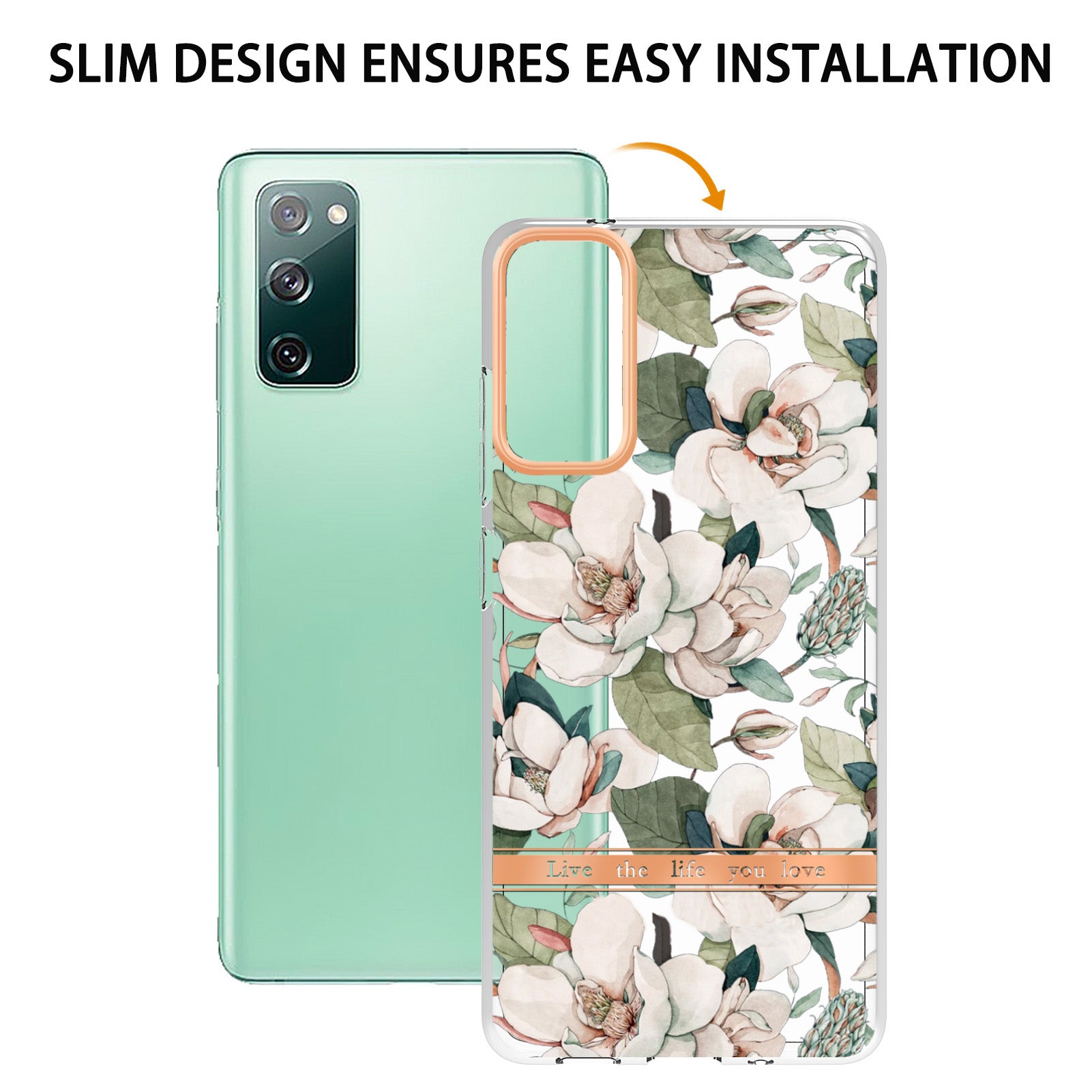 LB5 Series Flower Patterns TPU Phone Case Electroplating IMD IML Ultra Slim Phone Cover for Samsung Galaxy S20 FE 2022/S20 FE/S20 FE 5G/S20 Fan Edition/S20 Fan Edition 5G/S20 Lite - HC001 Green Gardenia