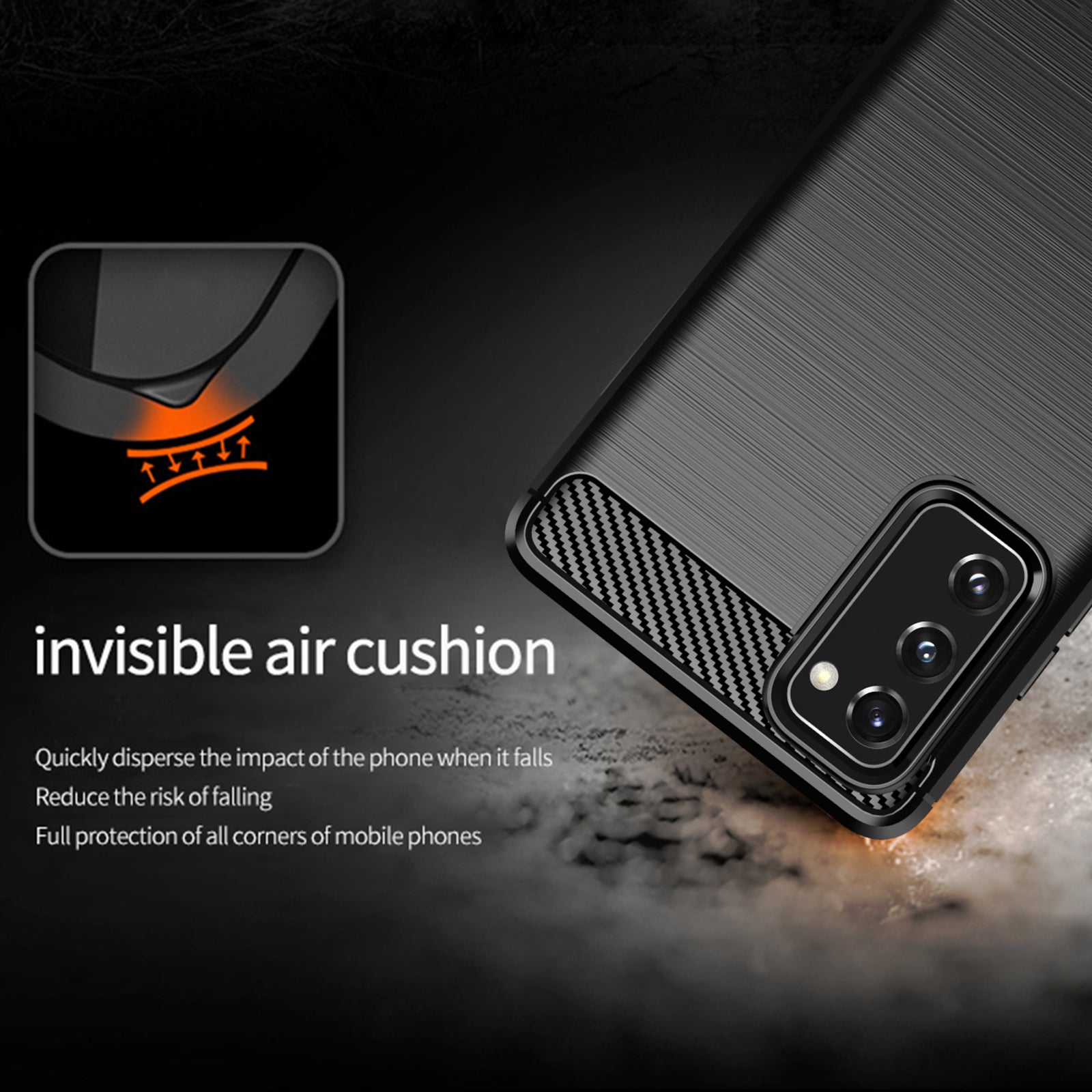 1.8mm Heat Dissipation TPU Case Carbon Fiber Texture Built-In Invisible Air Cushions Brushed Surface Phone Cover for Samsung Galaxy S20 FE 2022/S20 FE/S20 FE 5G/S20 Fan Edition/S20 Fan Edition 5G/S20 Lite - Black