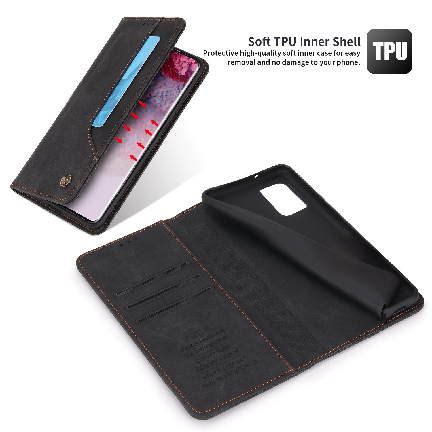 POLA 008 Series Retro Style PU Leather Foldable Wallet Cover Auto Closing Phone Case with Stand for Samsung Galaxy S20 4G/S20 5G - Black