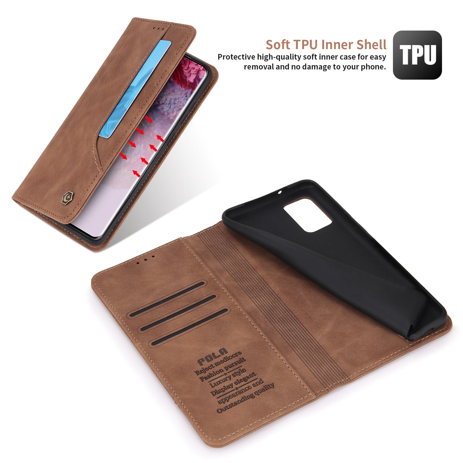 POLA 008 Series Retro Style PU Leather Foldable Wallet Cover Auto Closing Phone Case with Stand for Samsung Galaxy S20 4G/S20 5G - Brown