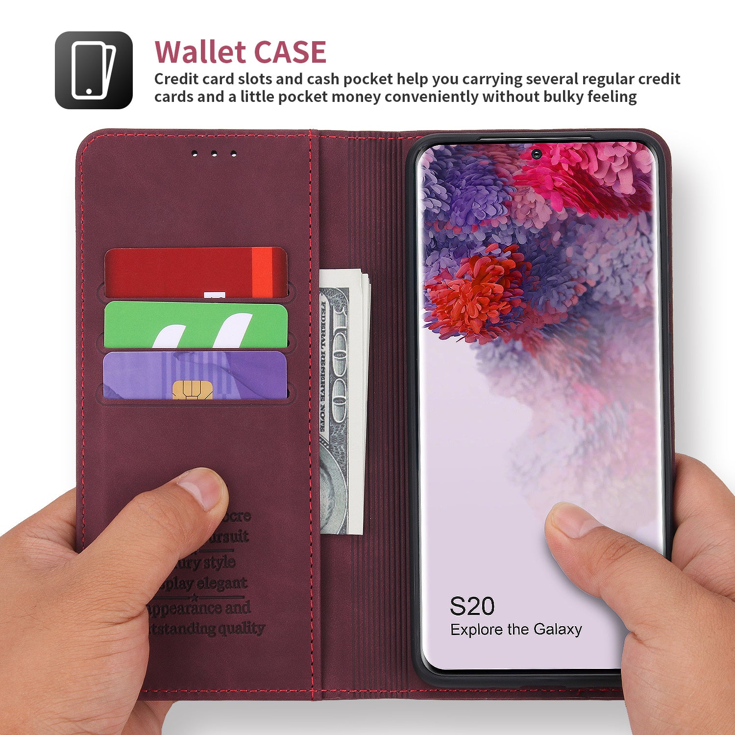 POLA 008 Series Retro Style PU Leather Foldable Wallet Cover Auto Closing Phone Case with Stand for Samsung Galaxy S20 4G/S20 5G - Wine Red