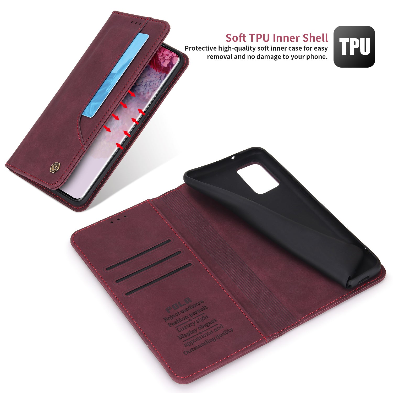 POLA 008 Series Retro Style PU Leather Foldable Wallet Cover Auto Closing Phone Case with Stand for Samsung Galaxy S20 4G/S20 5G - Wine Red