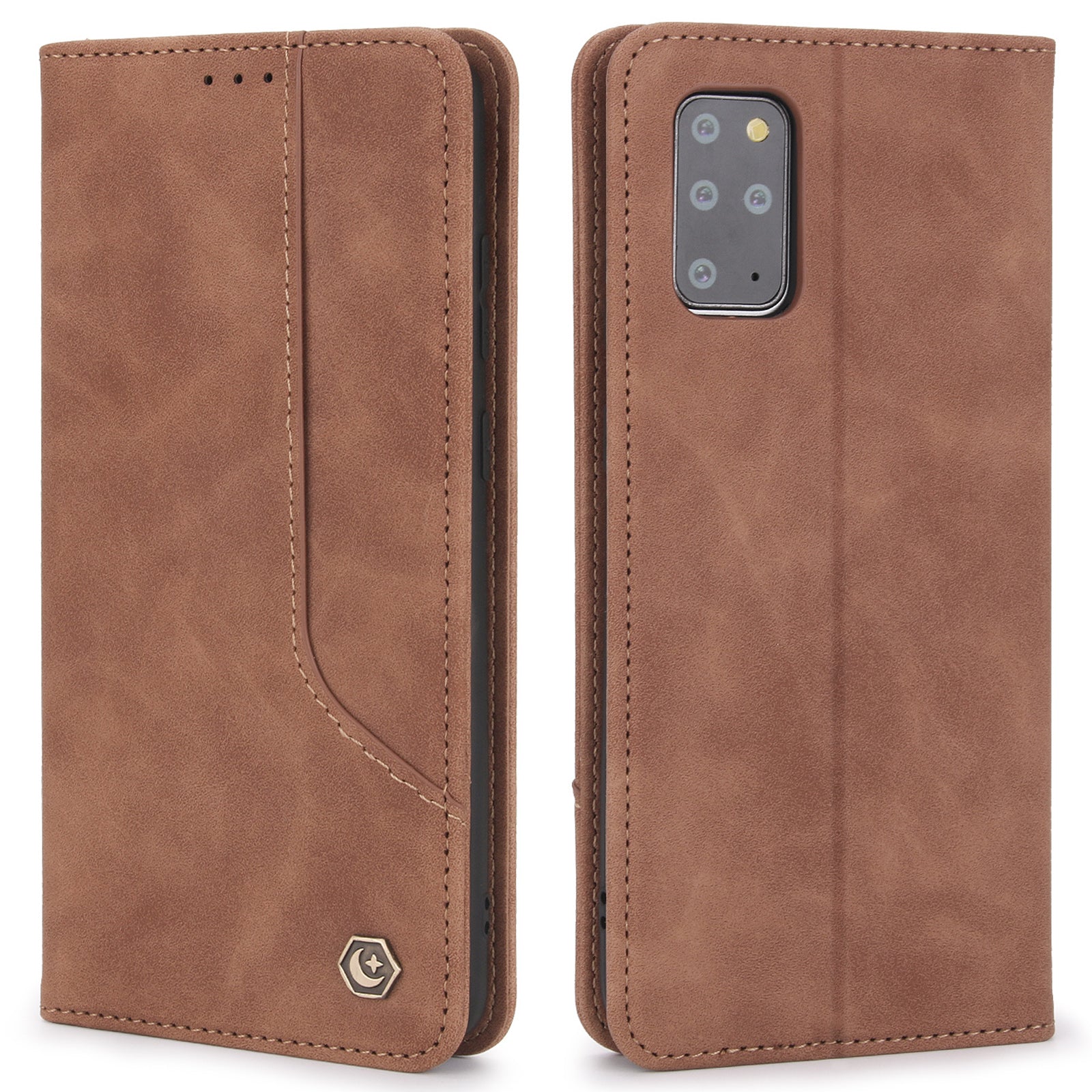 POLA 008 Series Retro Style Full Protection PU Leather + TPU Magnetic Auto Closing Phone Cover with Stand Wallet for Samsung Galaxy S20 Plus 4G/5G - Brown