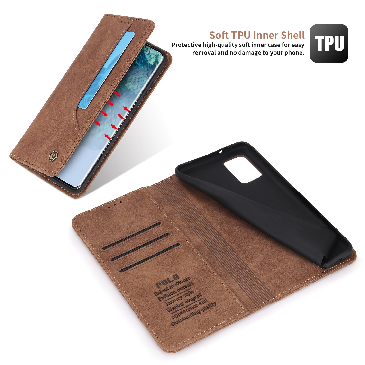 POLA 008 Series Retro Style Full Protection PU Leather + TPU Magnetic Auto Closing Phone Cover with Stand Wallet for Samsung Galaxy S20 Plus 4G/5G - Brown