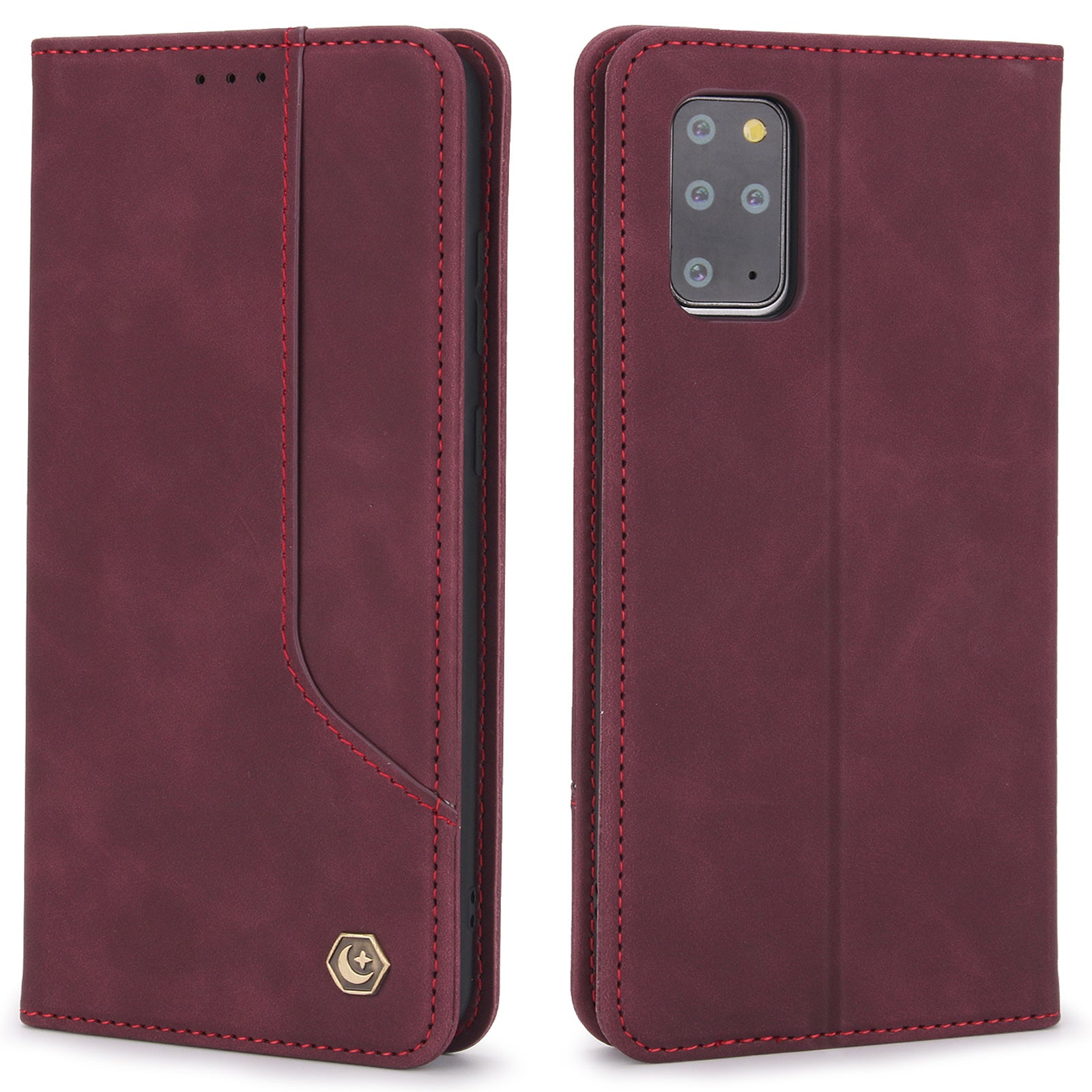 POLA 008 Series Retro Style Full Protection PU Leather + TPU Magnetic Auto Closing Phone Cover with Stand Wallet for Samsung Galaxy S20 Plus 4G/5G - Wine Red