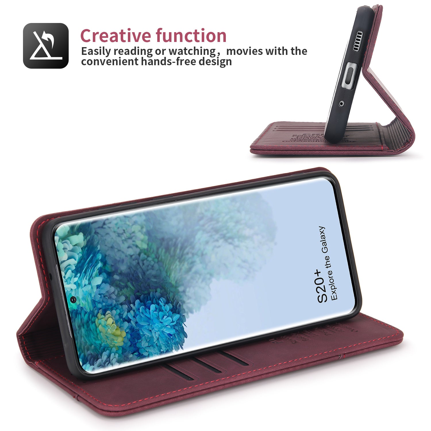 POLA 008 Series Retro Style Full Protection PU Leather + TPU Magnetic Auto Closing Phone Cover with Stand Wallet for Samsung Galaxy S20 Plus 4G/5G - Wine Red