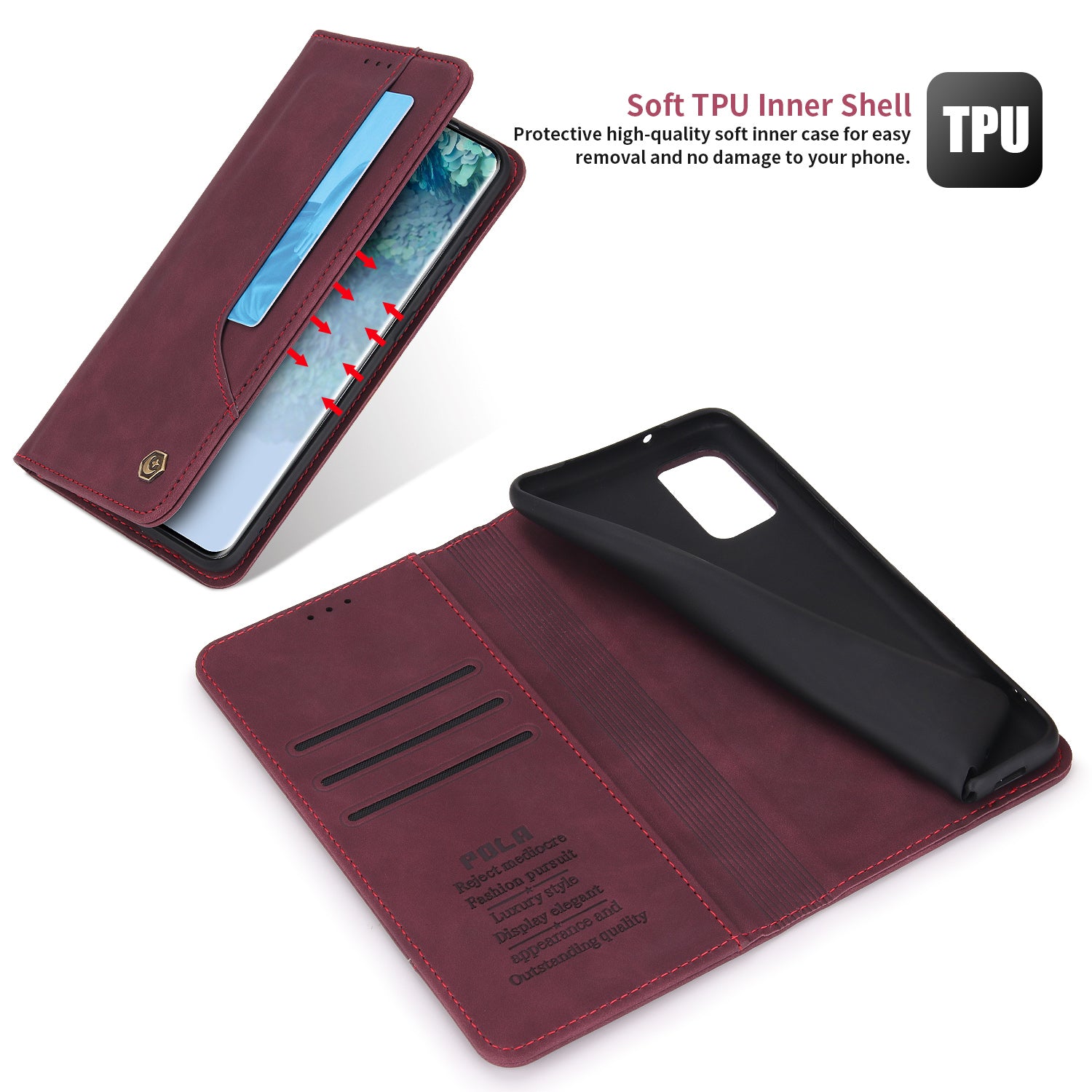 POLA 008 Series Retro Style Full Protection PU Leather + TPU Magnetic Auto Closing Phone Cover with Stand Wallet for Samsung Galaxy S20 Plus 4G/5G - Wine Red