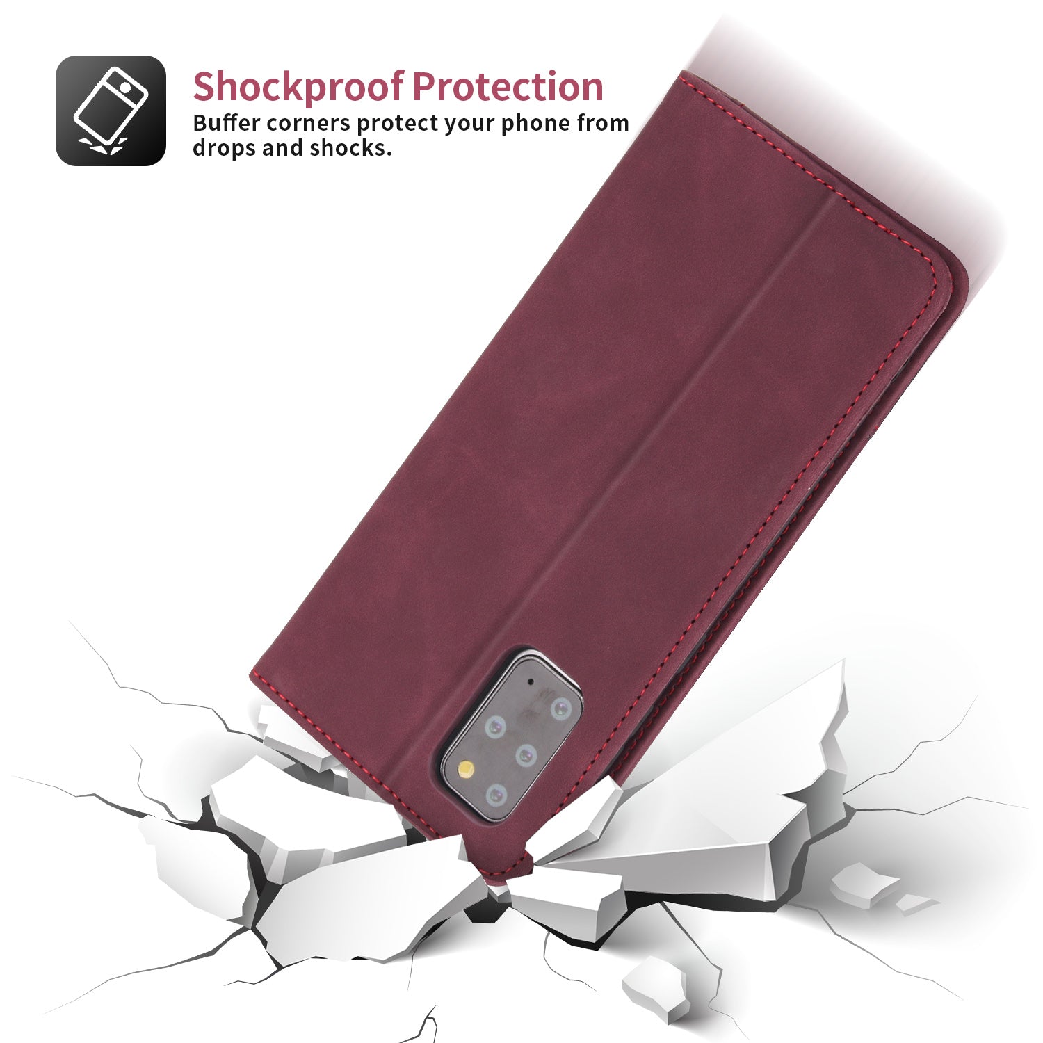 POLA 008 Series Retro Style Full Protection PU Leather + TPU Magnetic Auto Closing Phone Cover with Stand Wallet for Samsung Galaxy S20 Plus 4G/5G - Wine Red