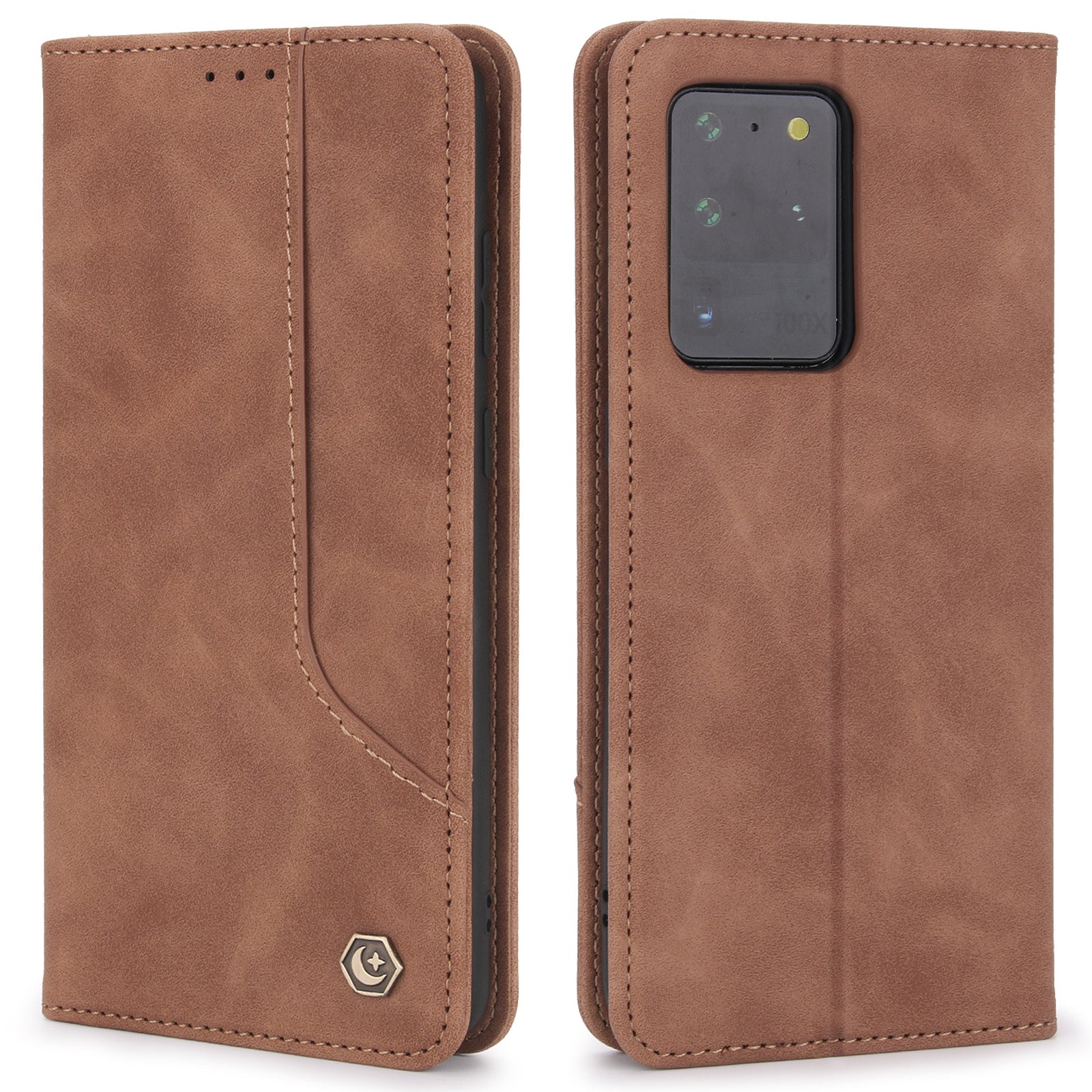 POLA 008 Series Retro Style PU Leather + TPU Folio Flip Shockproof Phone Cover with Stand Wallet for Samsung Galaxy S20 Ultra - Brown