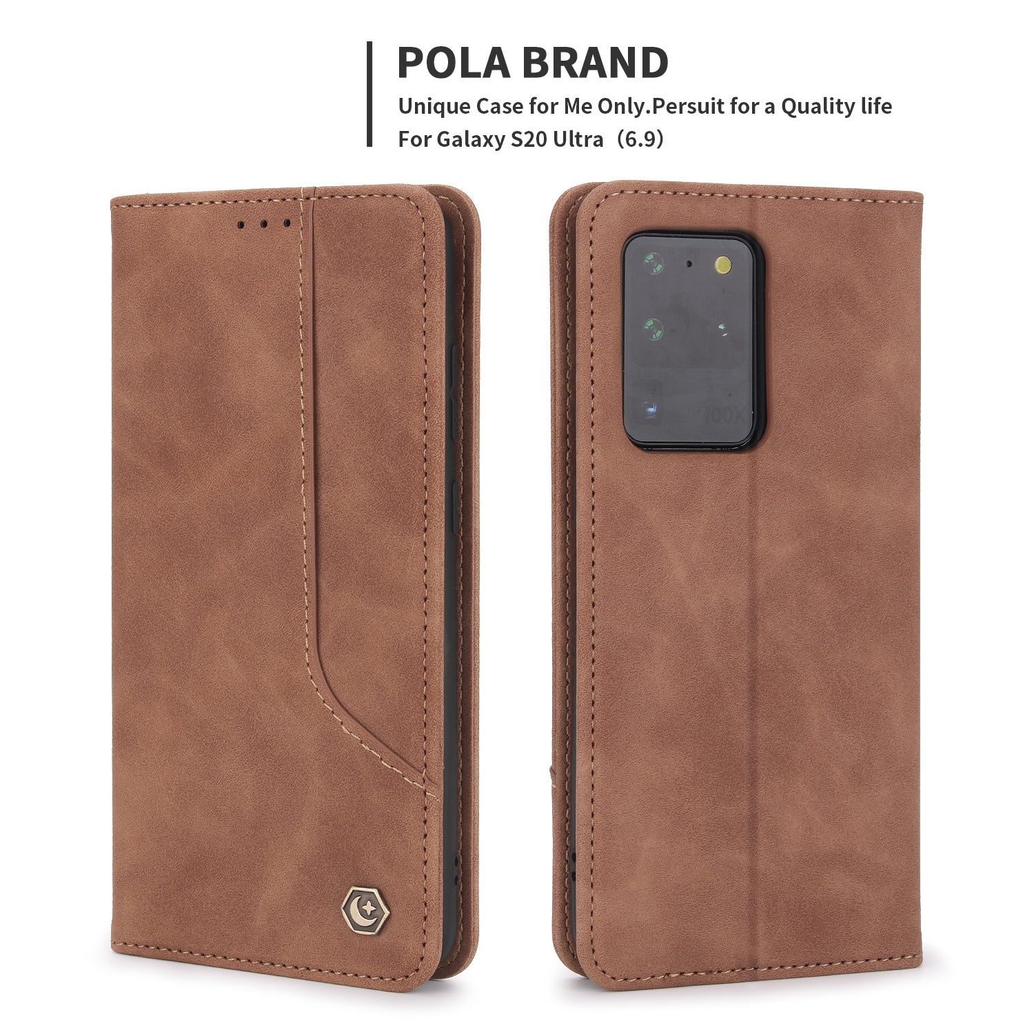 POLA 008 Series Retro Style PU Leather + TPU Folio Flip Shockproof Phone Cover with Stand Wallet for Samsung Galaxy S20 Ultra - Brown